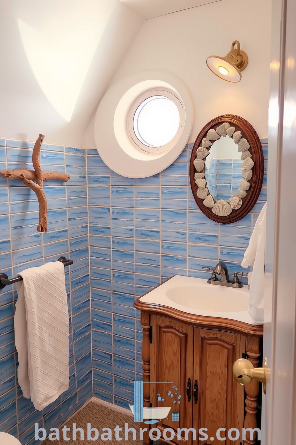 Maritime bathroom featuring soft blue tiles, driftwood accents, a weathered wooden vanity, and a seashell-framed mirror, illuminated by natural light from a porthole window, creating a calming seaside ambiance. Discover cozy decor ideas for your home at bathbathrooms.com.
