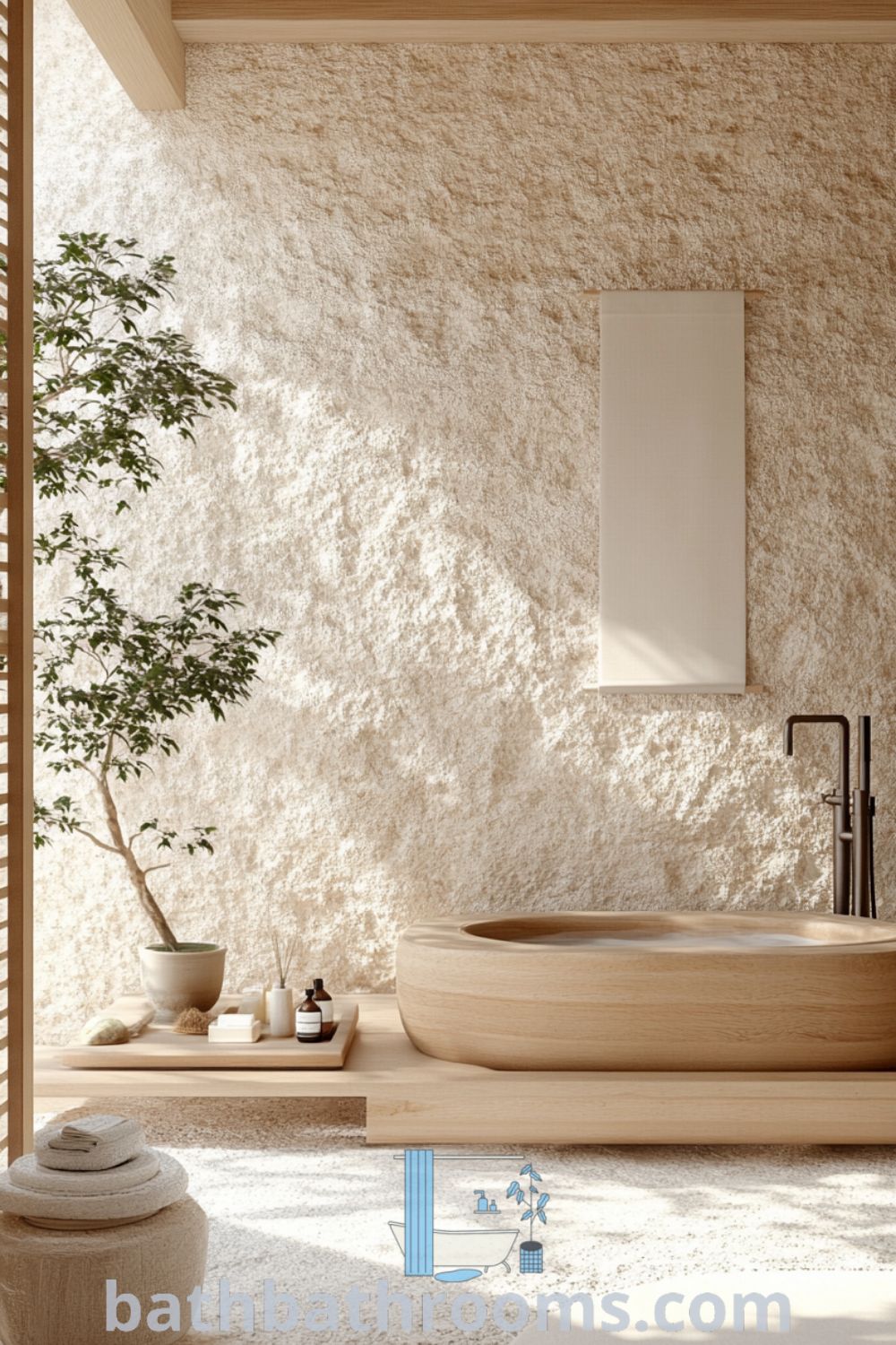 Serene Japanese bathroom featuring warm beige tones, textured stone walls, a deep wooden tub, bamboo screen, natural soaps, and a potted bonsai, creating a peaceful retreat. Discover more inspiring decor ideas for a cozy home at bathbathrooms.com.