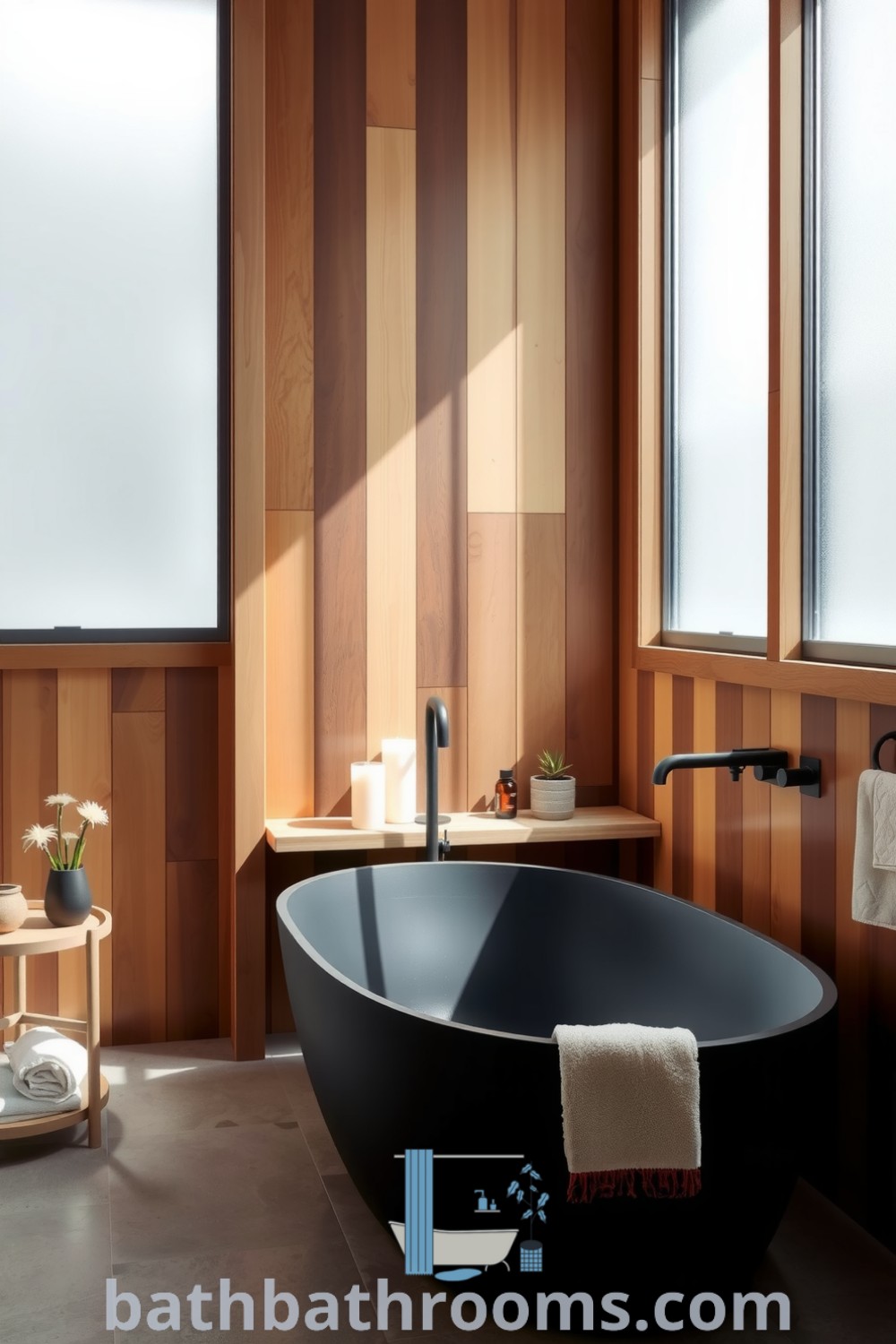 Minimalist bathroom featuring a black freestanding tub, warm wood walls, soft light from frosted glass, neatly arranged candles and potted plants, surrounded by gray stone tiles, creating a serene and inviting atmosphere. Discover inspiring decor ideas for your home at bathbathrooms.com.