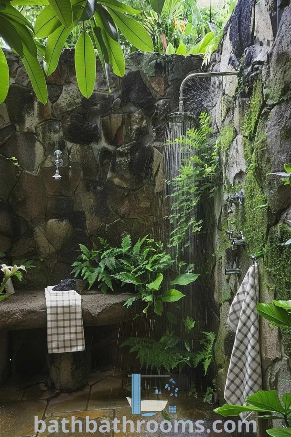 An outdoor shower surrounded by greenery and rocks, complemented by a rustic wooden bench and geometric tile design. This inviting setup provides stunning outdoor shower inspiration for a cozy bathroom experience. Discover more outdoor shower ideas at bathbathrooms.com.