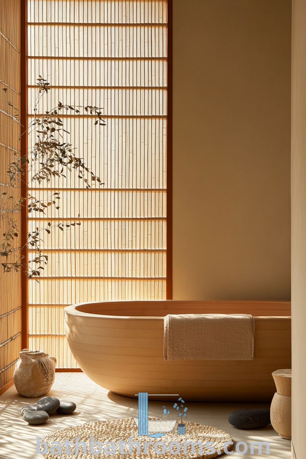 Japanese bathroom with soft beige hues, a smooth wooden tub, bamboo walls, and decorative eucalyptus and stones, designed for tranquility and relaxation. Discover cozy decor ideas at bathbathrooms.com.