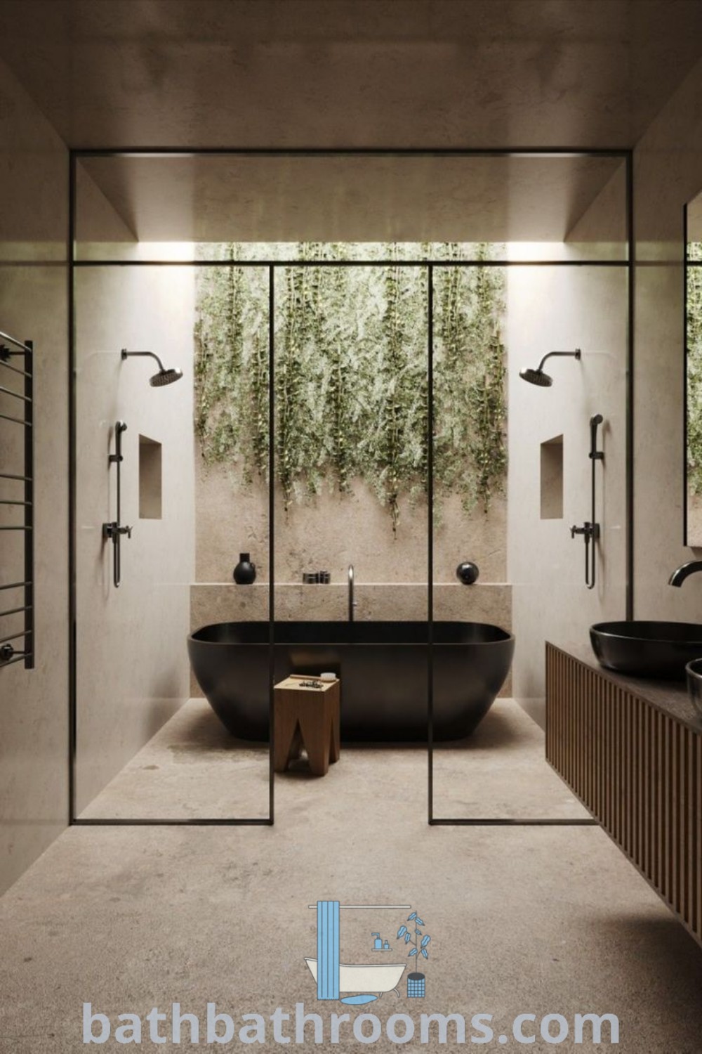A modern bathroom with two sinks and a large bathtub surrounded by mirrors, ideal for cozy home design. This space showcases small bathroom interior decor ideas that maximize style and space. Explore unique inspirations for your home at bathbathrooms.com.