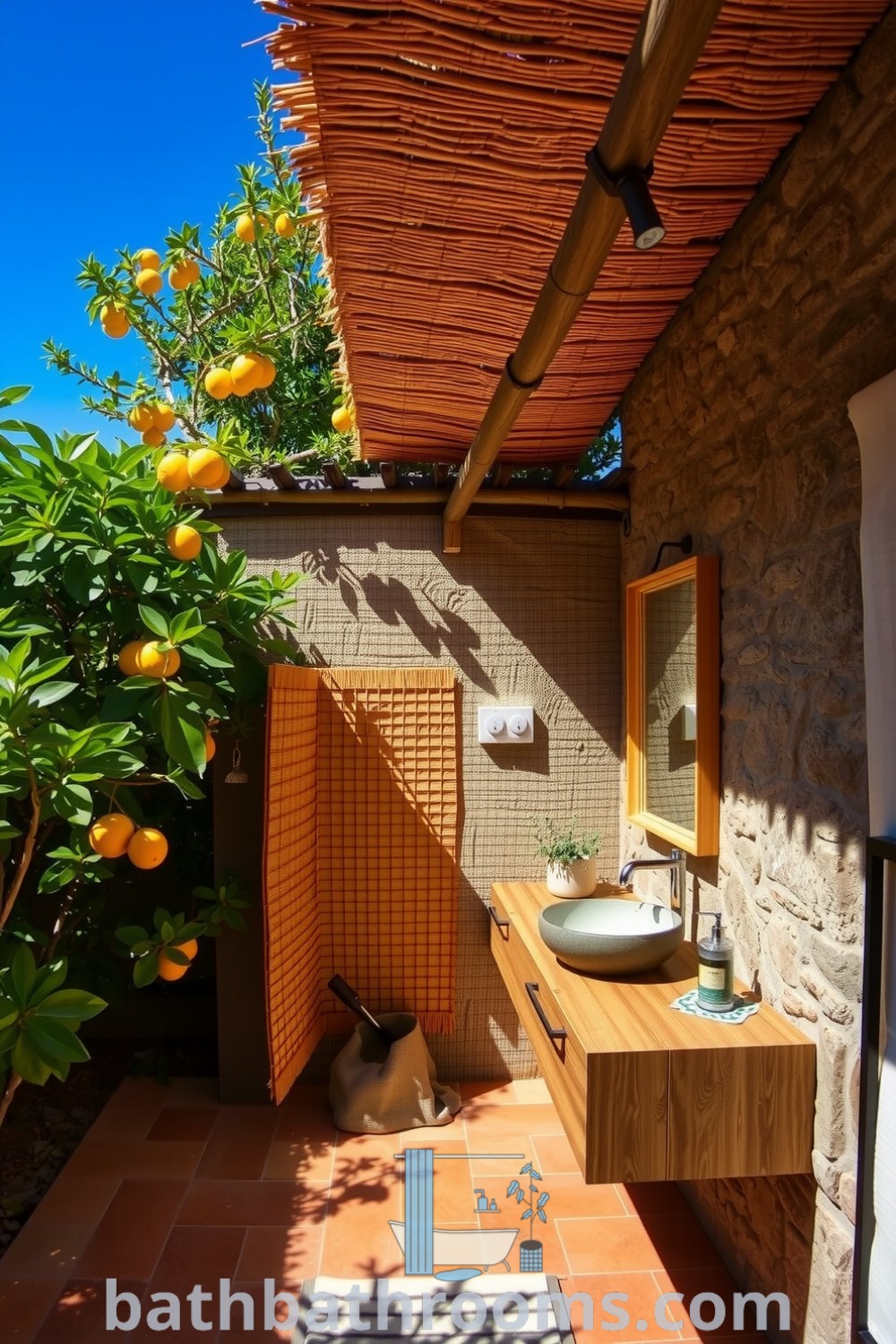 Cozy Mediterranean outdoor bathroom featuring terracotta tiles, rustic stone walls, a wooden vanity, and lush greenery, creating a peaceful retreat. Discover unique design ideas for your home at bathbathrooms.com.