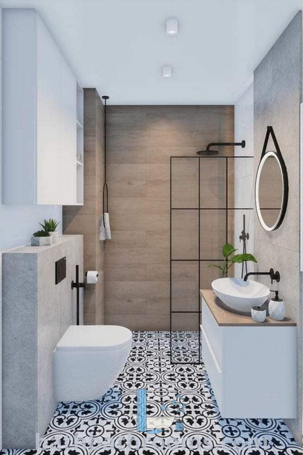A modern bathroom featuring a stylish shower and black and white floor tiles, showcasing cozy bathroom ideas and decor inspirations for small bathrooms. Discover more design tips and ideas to maximize style and space at bathbathrooms.com.