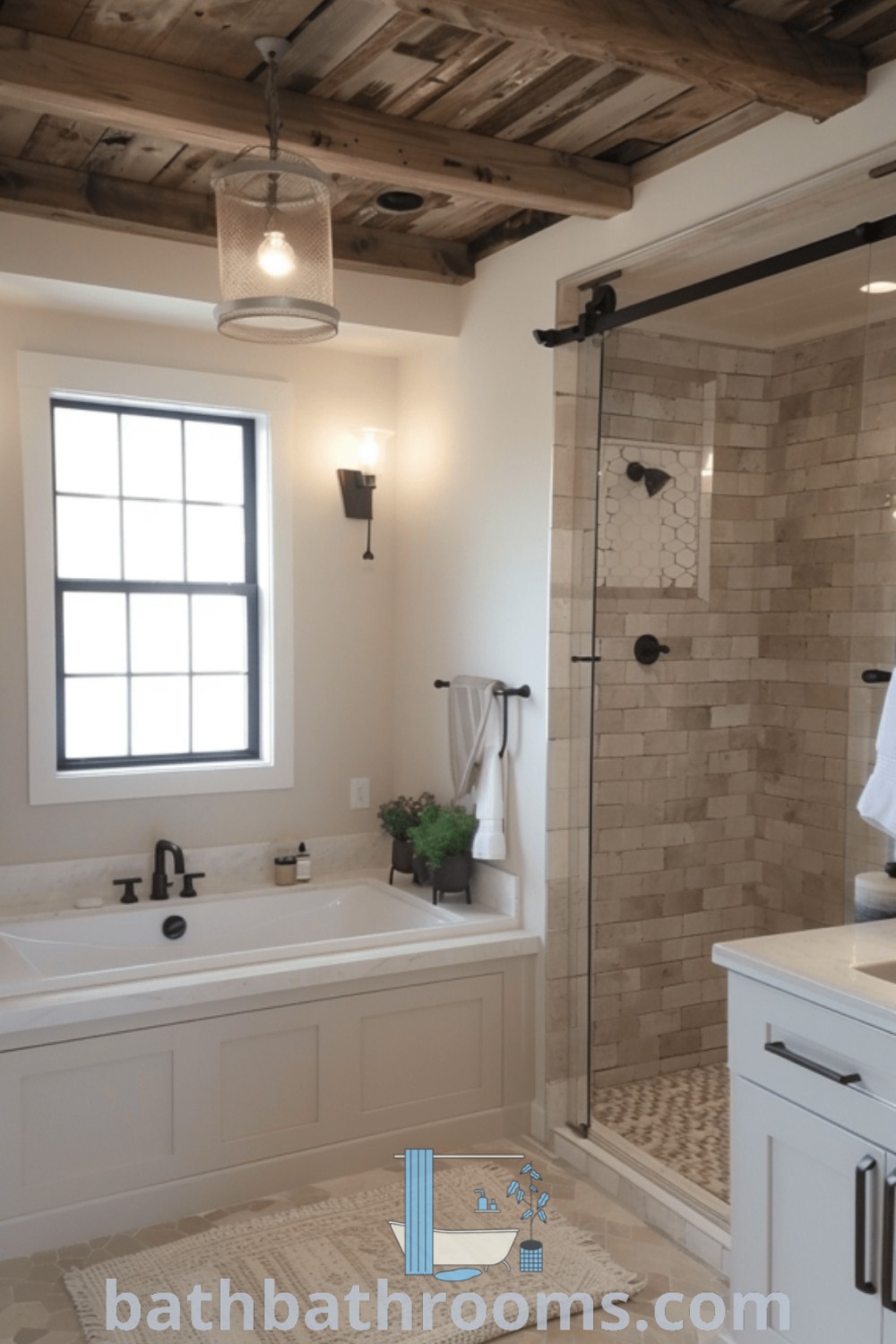 A stylish farmhouse bathroom with a tub, sink, and shower area, featuring white decor and modern farmhouse design ideas. This cozy aesthetic offers inspiration for small bathroom remodels, showcased on bathbathrooms.com.