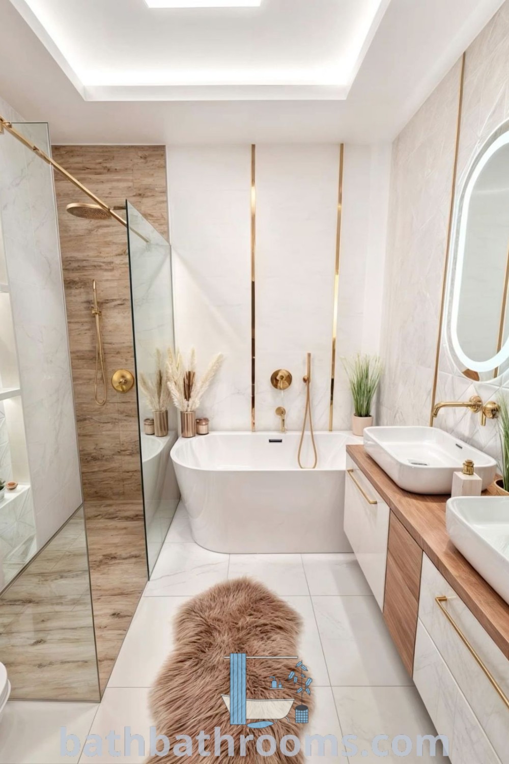 A stylish bathroom showcasing two sinks, a bathtub, and a shower in the center, designed for cozy aesthetics and functionality. Featuring decor ideas for small spaces and unique design inspirations, discover more at bathbathrooms.com.