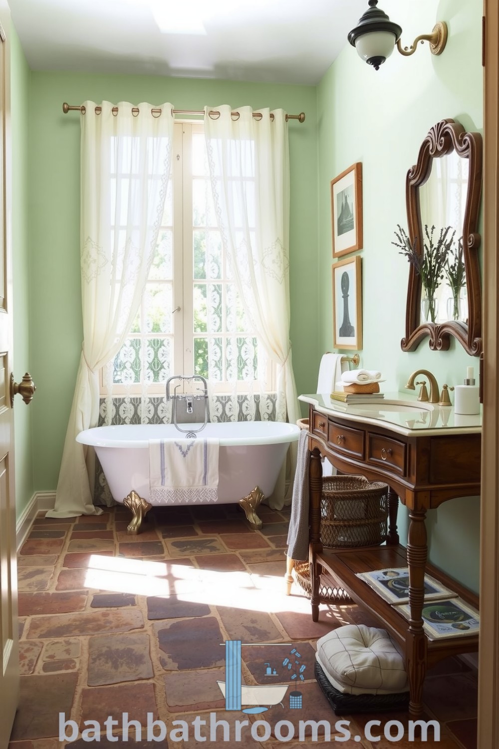 Cozy Provence bathroom featuring soft mint green hues, a freestanding clawfoot tub draped in lace, an antique wooden vanity, and a fresh lavender vase, creating a tranquil escape. Discover more decor ideas at bathbathrooms.com.