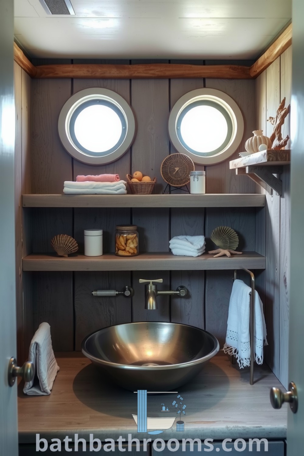 Cozy nautical bathroom with worn wooden panels, porthole windows, a vintage-style brushed metal sink, seashell decor, and driftwood accents, creating a refreshing and inviting ambiance. Explore more inspiring decor ideas at bathbathrooms.com.