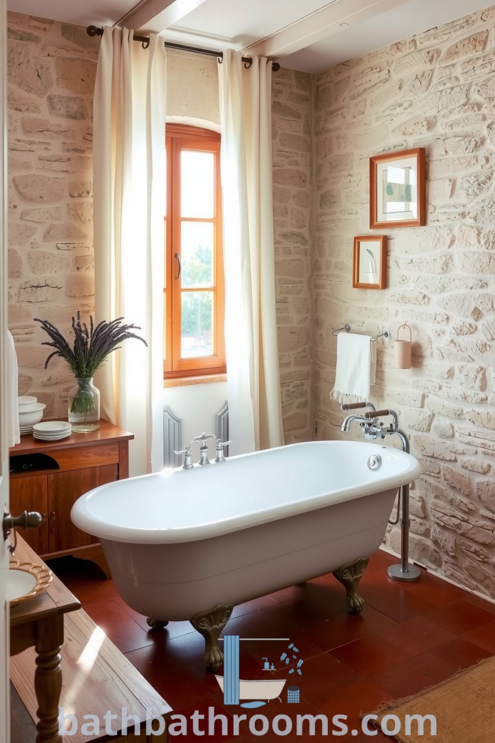 Cozy Provence bathroom featuring a freestanding clawfoot tub, textured stone walls, handcrafted wooden vanity, and fresh lavender, offering a blend of relaxation and elegance. Discover more inspiring decor ideas for your home at bathbathrooms.com.