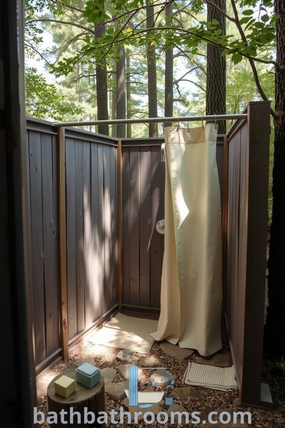 Rustic outdoor bathroom featuring weathered wooden panels, smooth stone flooring, an oversized canvas shower curtain, and a wooden stool with essentials, creating a tranquil space in nature. Discover unique decor ideas and inspirations for your home at bathbathrooms.com.