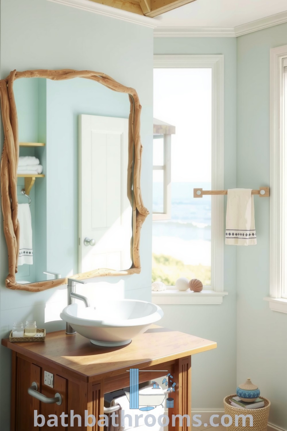 Beach-inspired bathroom featuring soft aqua and sandy beige hues, weathered wood accents, a vessel sink, and natural decor like seashells and polished stones. Explore more cozy home design ideas at bathbathrooms.com.