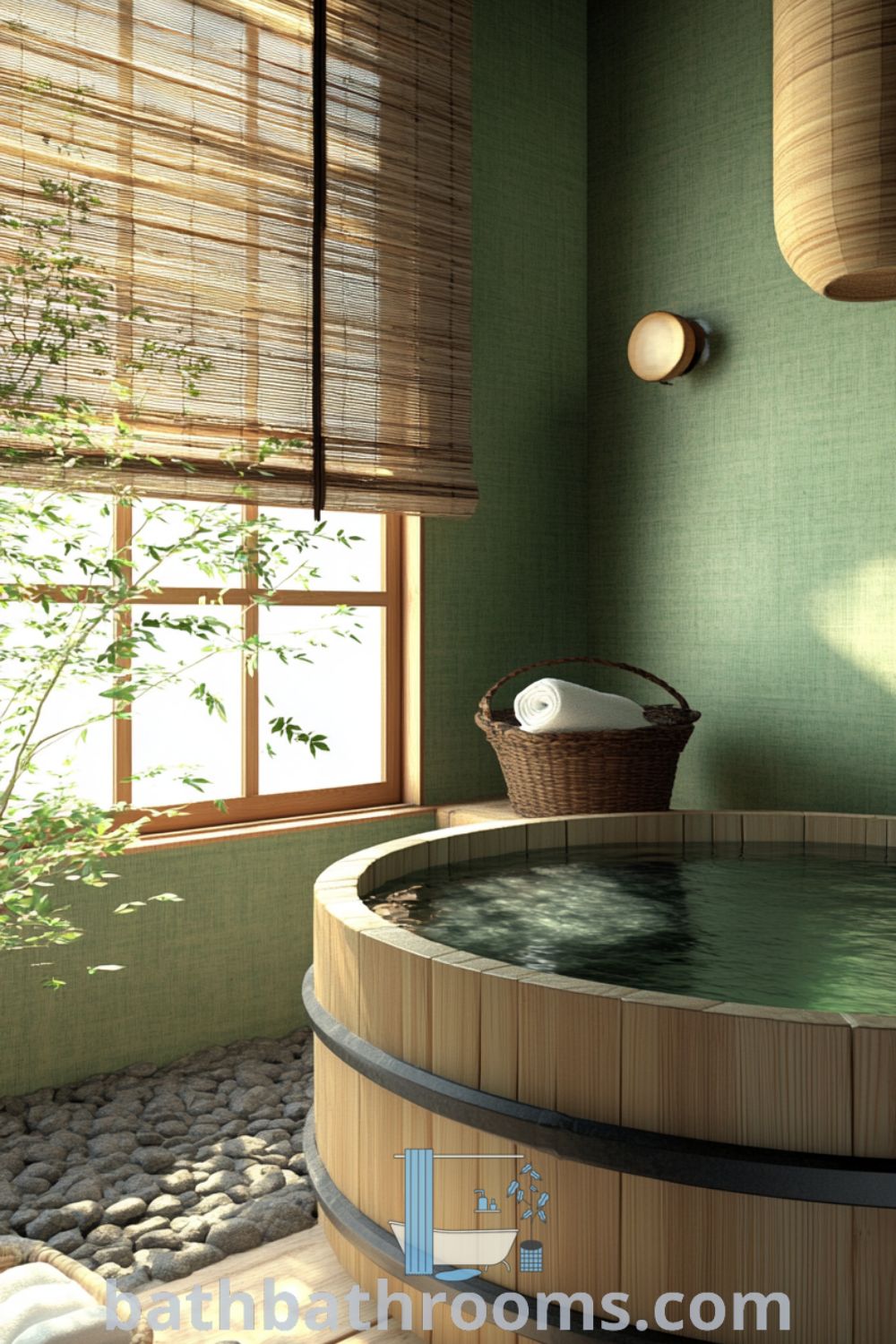 Cozy Japanese bathroom featuring serene green tones, natural bamboo accents, a deep wooden tub by a sunlit window, and a potted plant, creating a tranquil and inviting atmosphere. Discover more decor ideas for small spaces at bathbathrooms.com.