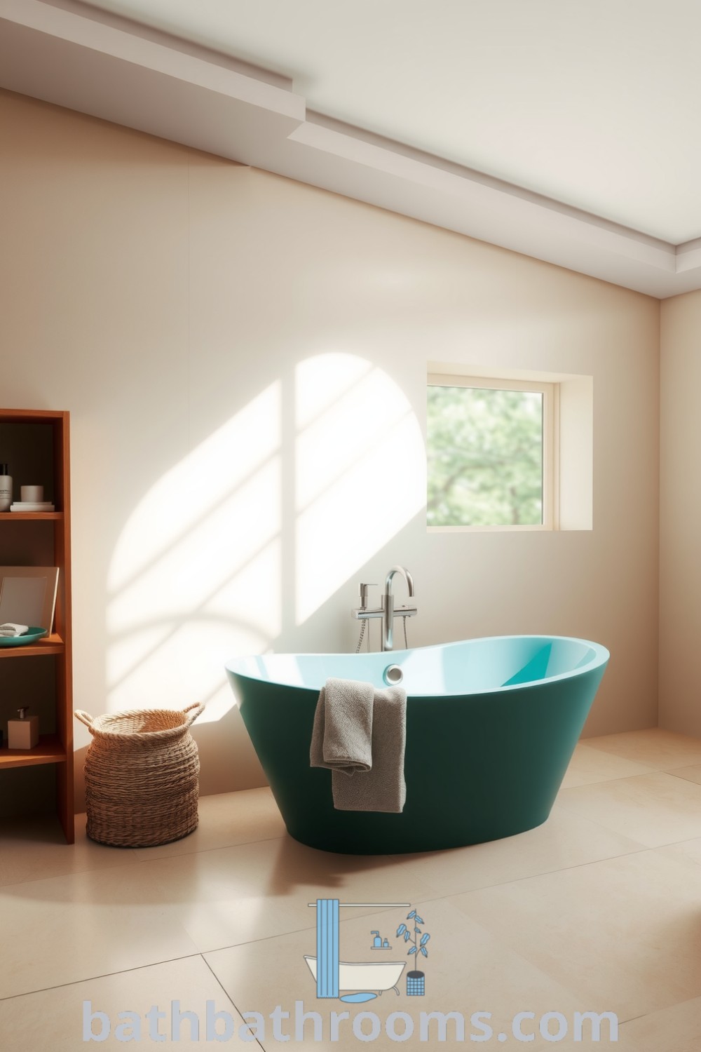 Cozy minimalist bathroom featuring a turquoise freestanding tub, natural stone walls, rustic wooden shelf, potted plant, and woven basket, creating a serene and inviting atmosphere. Discover inspiring design ideas for your home at bathbathrooms.com.
