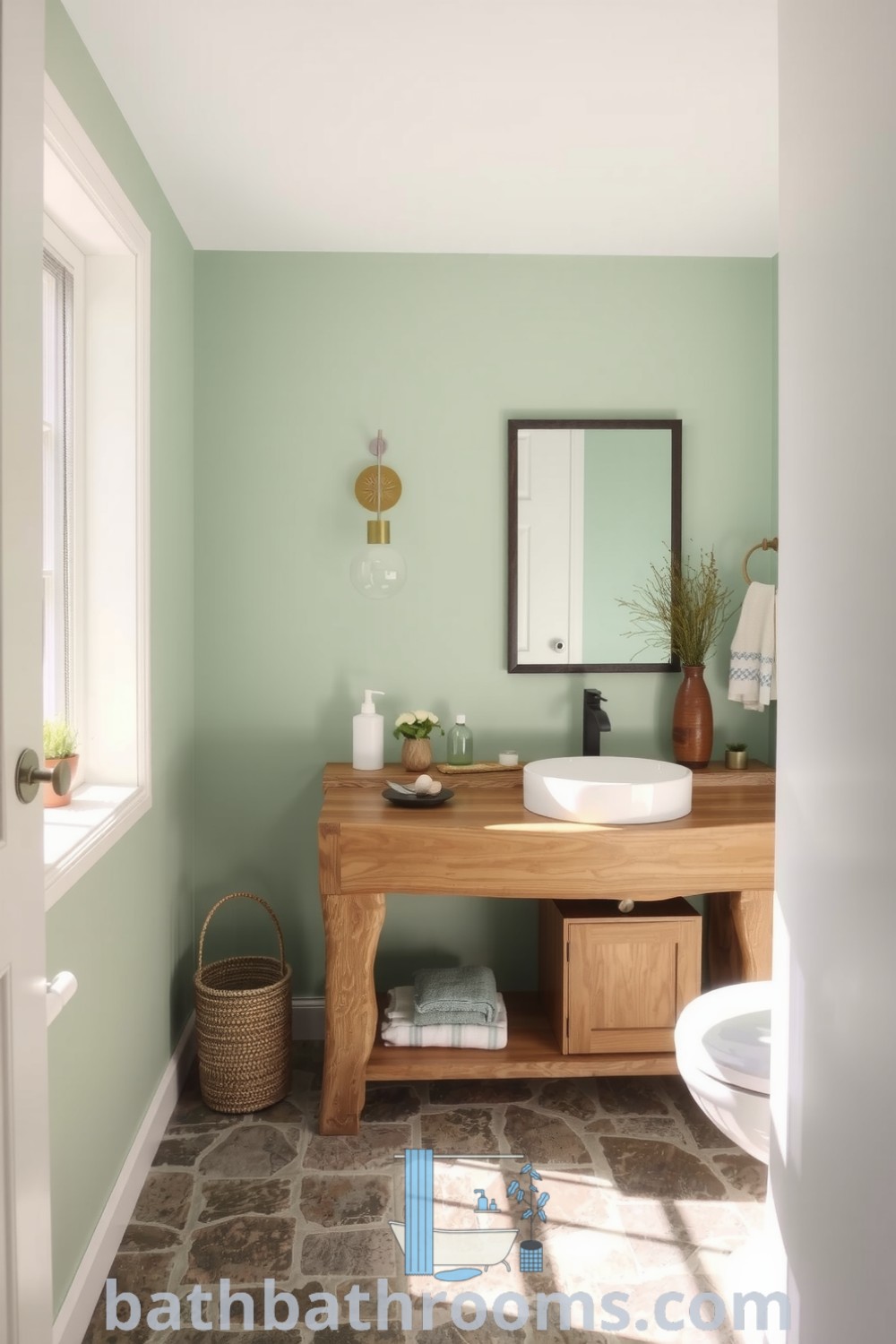 Ocean-inspired bathroom featuring seafoam green walls, driftwood vanity, seashell-shaped sink, and weathered stone tiles, creating a tranquil and inviting retreat. Discover more cozy decor ideas for your home at bathbathrooms.com.