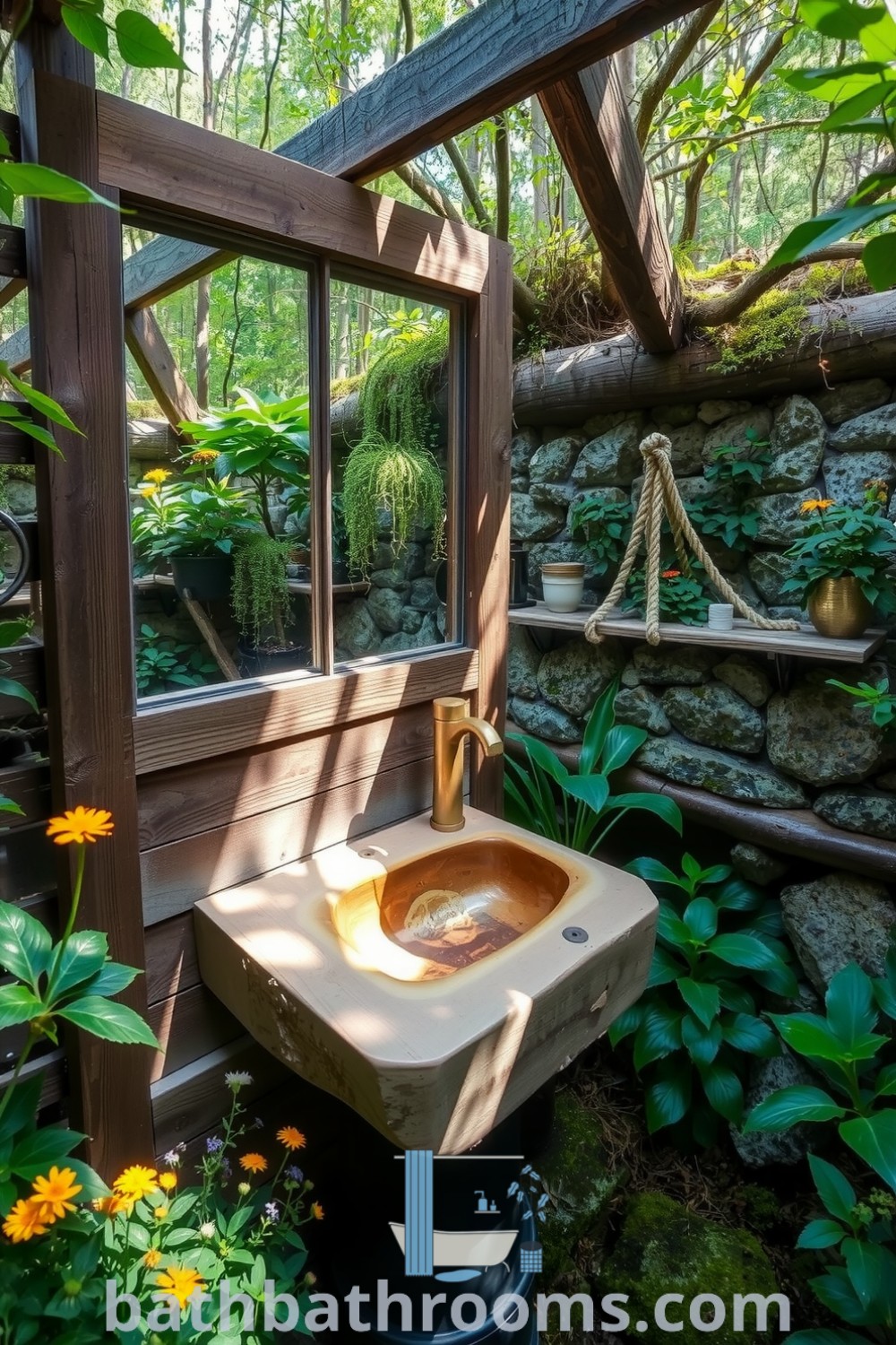 Rustic outdoor bathroom featuring weathered wooden beams, stone walls, a handcrafted wooden sink, and vibrant wildflowers, creating a serene retreat in nature. Discover inspiring decor ideas at bathbathrooms.com.