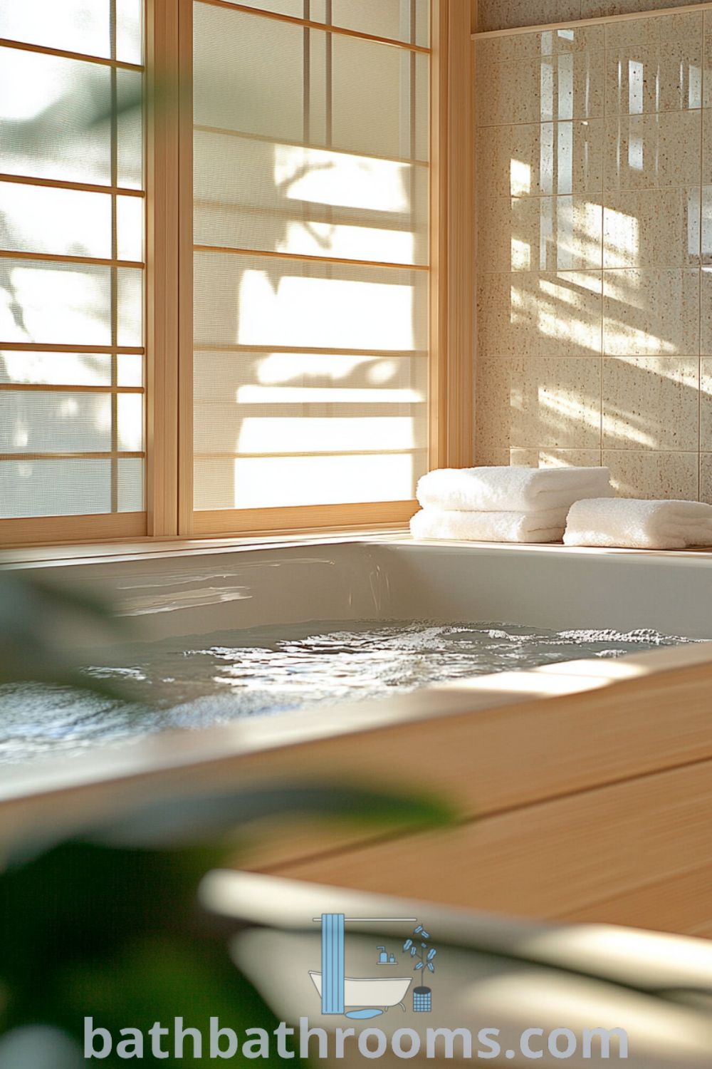 Cozy Japanese bathroom featuring a calming lavender hue, wooden accents, a deep tub, and shoji screens that filter sunlight, creating a serene atmosphere. Discover unique ideas and inspirations for your home at bathbathrooms.com.