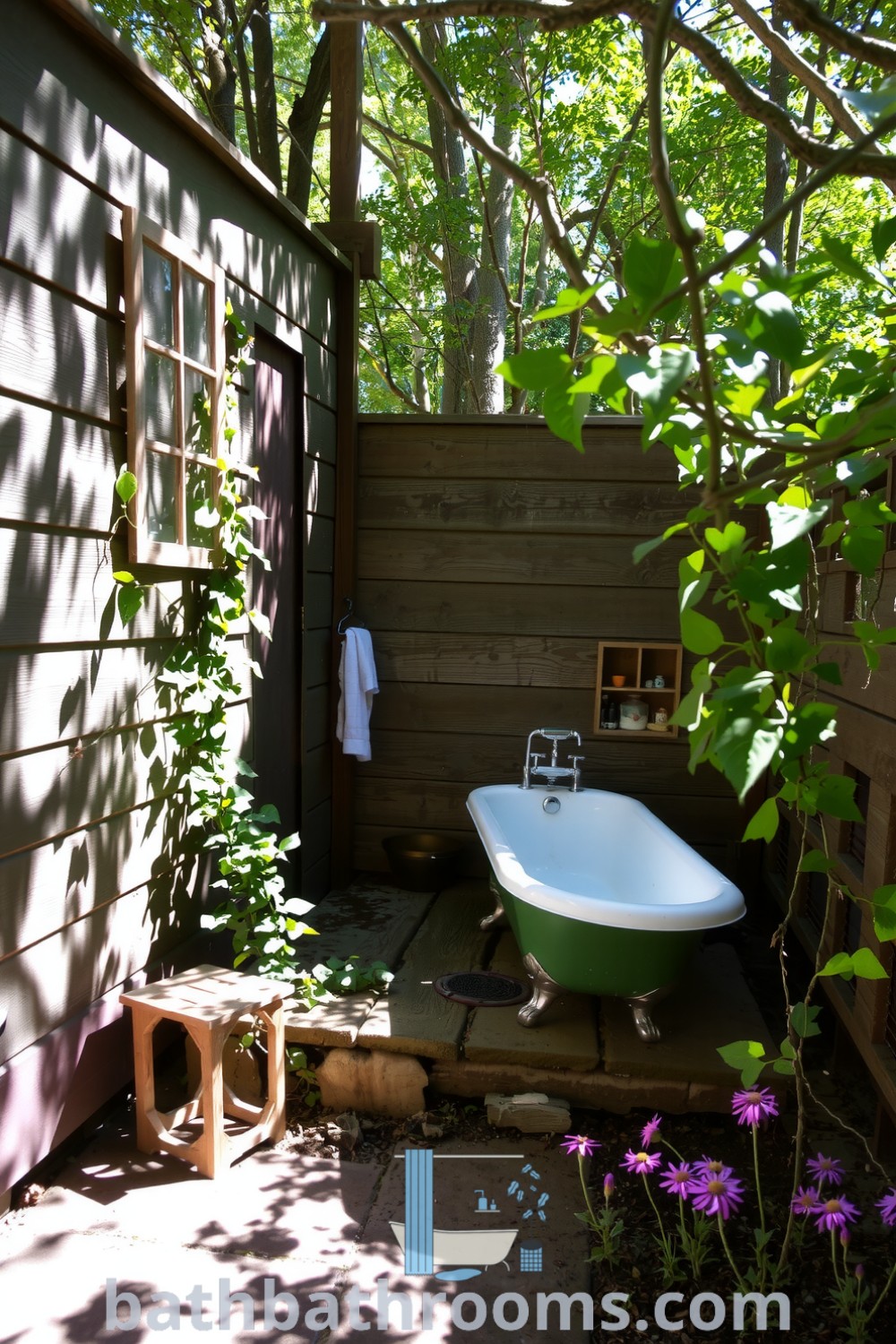 Rustic outdoor bathroom featuring weathered wooden walls, a clawfoot tub on a stone platform, surrounded by climbing vines and greenery. This serene space offers cozy ideas for creating an inviting retreat. Discover more cozy home decor inspirations at bathbathrooms.com.