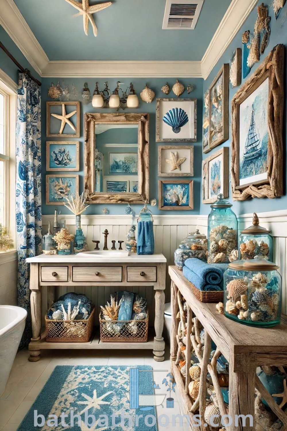 A cozy bathroom with blue walls and pictures, enhanced by an ocean-themed rug. The nautical decor creates a serene atmosphere, ideal for an oasis bedroom or ensuite bathroom ideas. Discover more unique decor ideas at bathbathrooms.com.