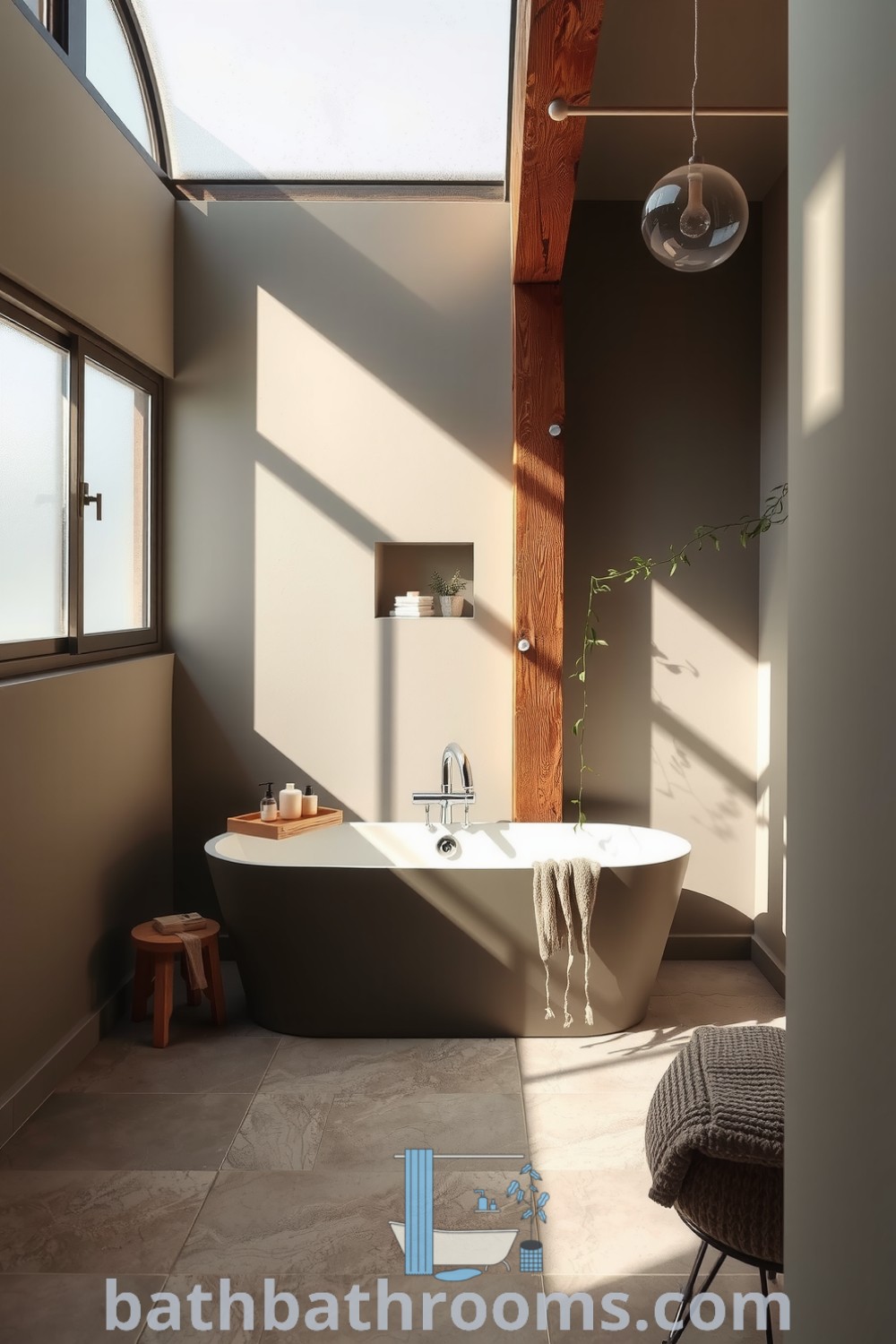 Minimalist bathroom with soothing olive tones, freestanding tub, rough-hewn wooden beams, stone tiles, crafted soaps, and a trailing plant, creating a serene atmosphere. Discover inspiring decor ideas for your home at bathbathrooms.com.