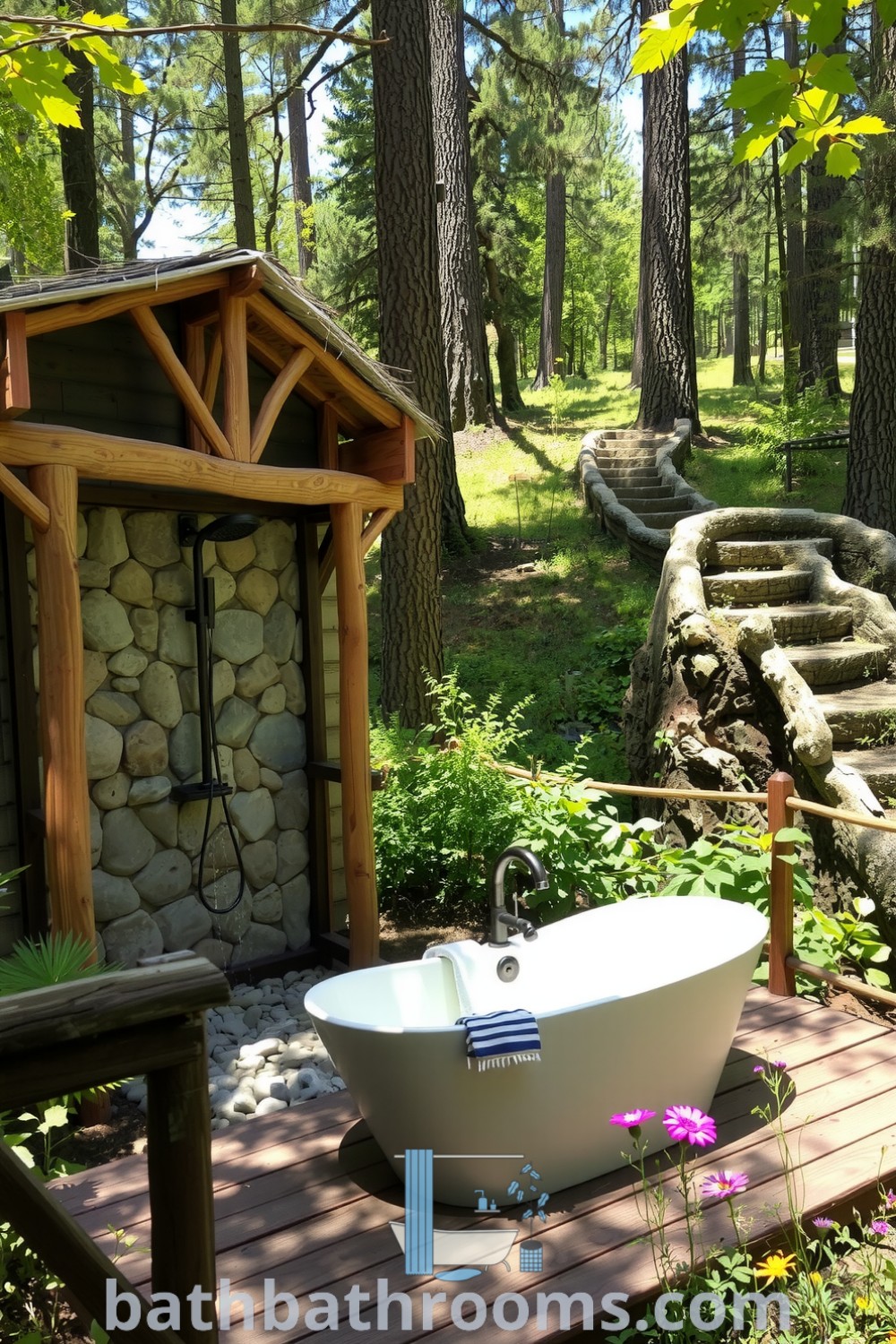Cozy outdoor bathroom featuring weathered wooden beams, a stone-walled shower area with pebbles, and a freestanding tub surrounded by wildflowers, creating a rustic and inviting sanctuary. Discover more unique ideas for your home at bathbathrooms.com.