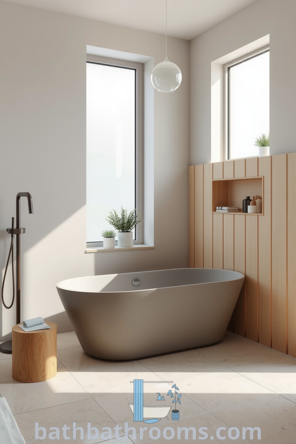 Minimalist bathroom featuring soft ash tones, a sleek freestanding matte tub, a light wood accent wall, potted herbs, and textured stone tiles, creating a tranquil and inviting atmosphere. Discover unique decor ideas for your home at bathbathrooms.com.