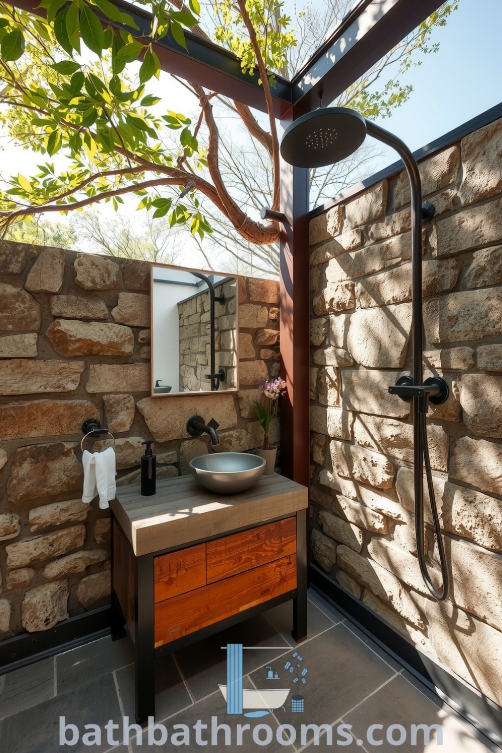 Industrial outdoor bathroom featuring weathered metal fixtures, rough stone walls, a reclaimed wood vanity, and a bold metal showerhead, all surrounded by nature