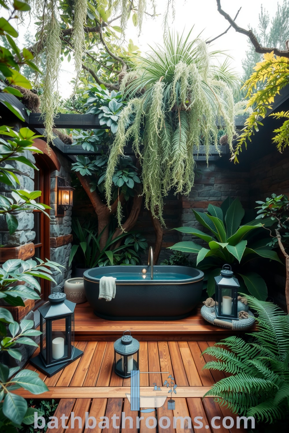 Outdoor bathroom spa with natural stone walls, a wooden deck, a deep soaking tub surrounded by ferns and eucalyptus, and rustic lanterns, offering a tranquil and cozy atmosphere. Discover more unique ideas for your home at bathbathrooms.com.