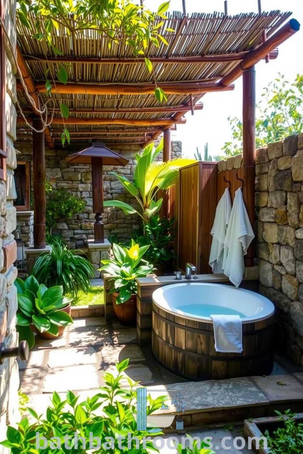 Outdoor bathroom featuring natural stone walls, a sunken soaking tub surrounded by lush greenery, and bamboo privacy screens, creating a serene and inviting atmosphere. Explore inspiring decor ideas for your home at bathbathrooms.com.