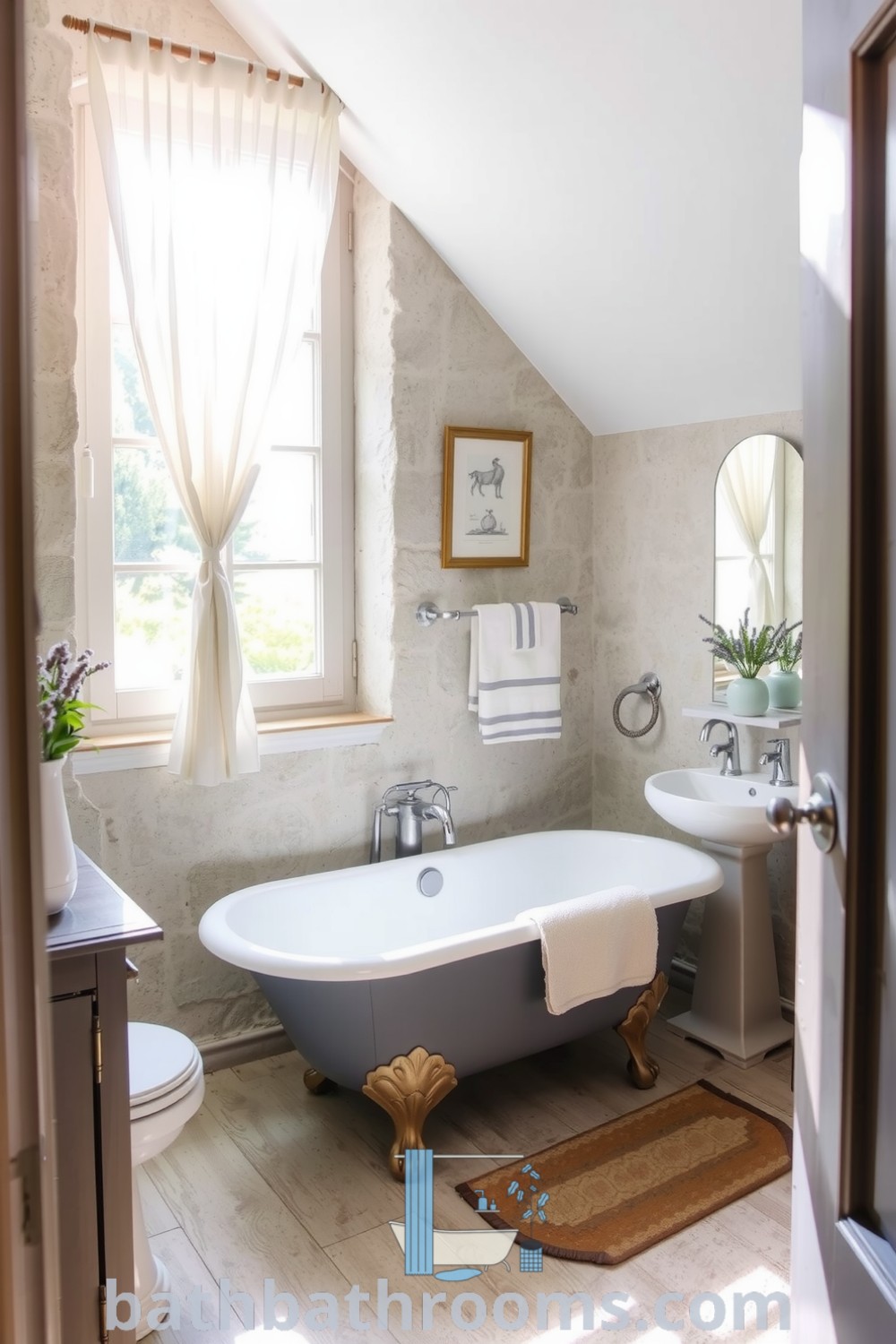 Cozy gray Provence bathroom featuring a vintage clawfoot tub, wooden vanity, and textured stone walls illuminated by natural light, creating a tranquil and inviting atmosphere. Discover unique ideas for your home at bathbathrooms.com.