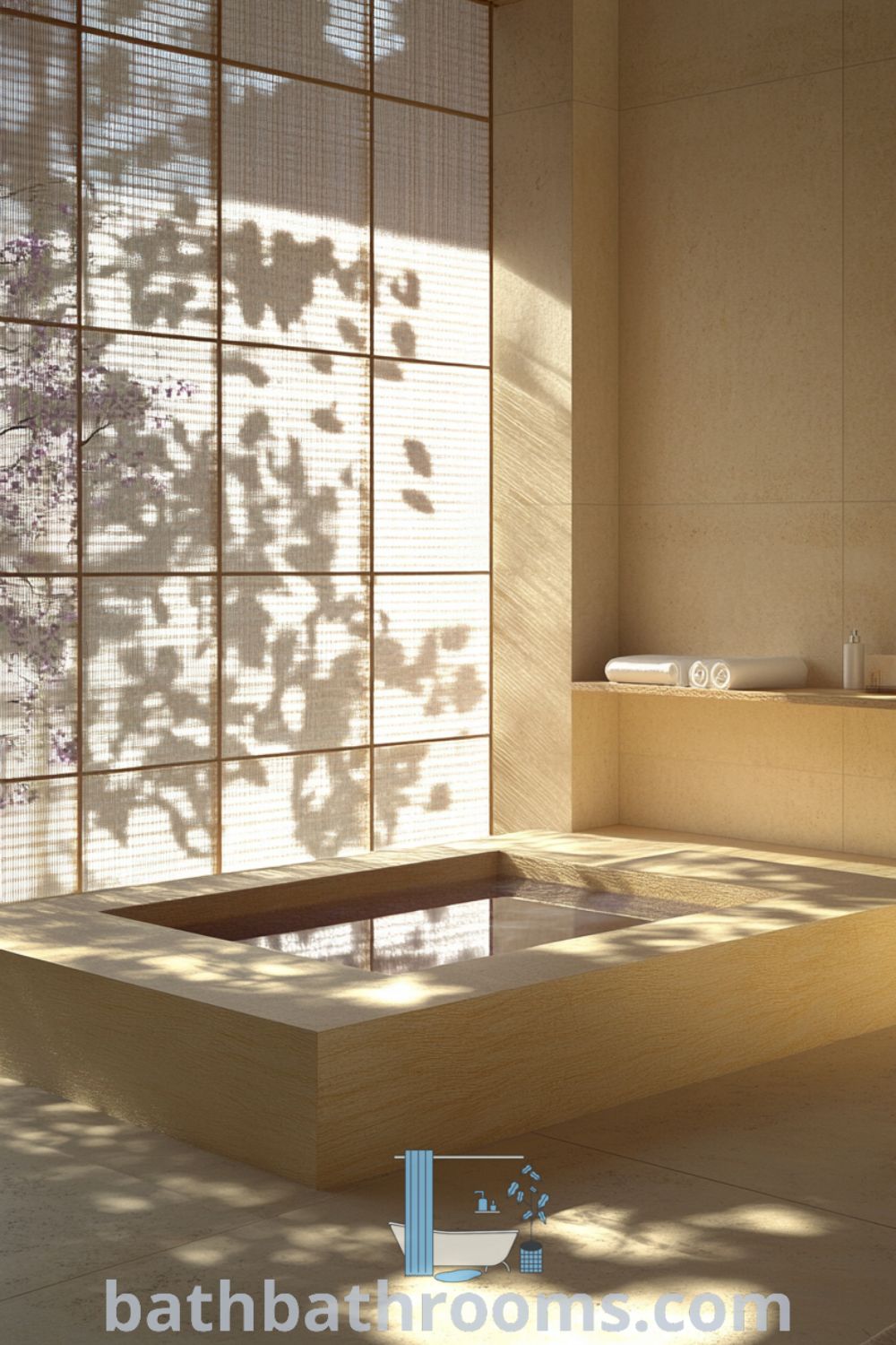Cozy Japanese bathroom with a lavender tub, soft light through shoji screens, stone accents, and bamboo decor, creating a warm and inviting atmosphere. Discover inspiring decor ideas for your home at bathbathrooms.com.