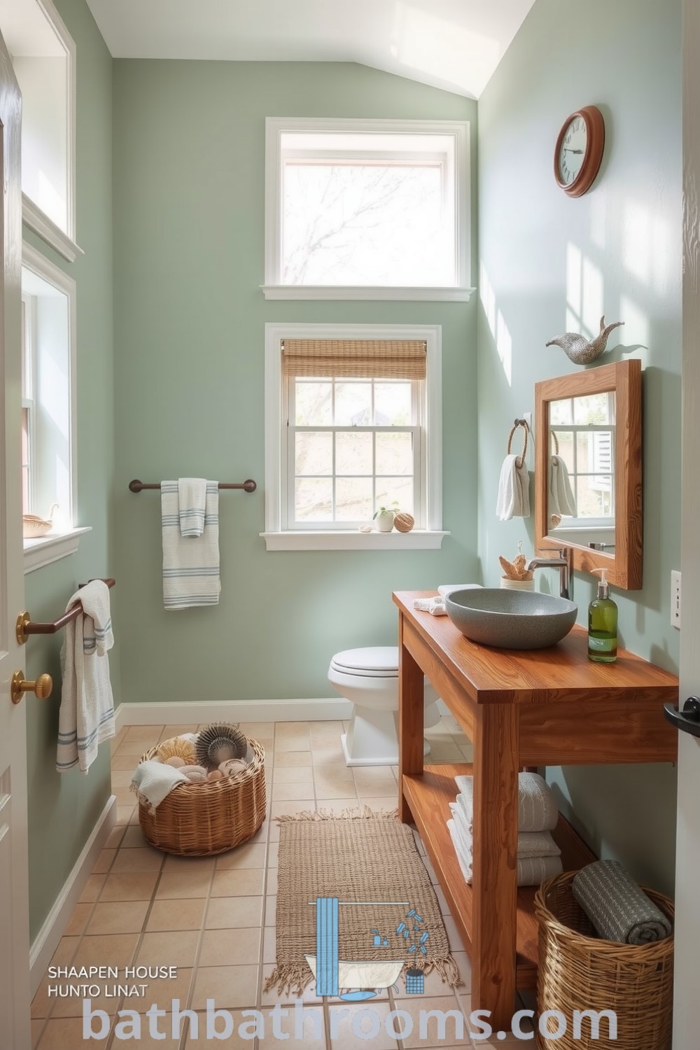 Ocean-style bathroom featuring soft seafoam green walls, sandy beige tiles, a driftwood vanity, and seashell decor, creating a tranquil coastal vibe. Discover more decor ideas for a perfect style fusion at bathbathrooms.com.