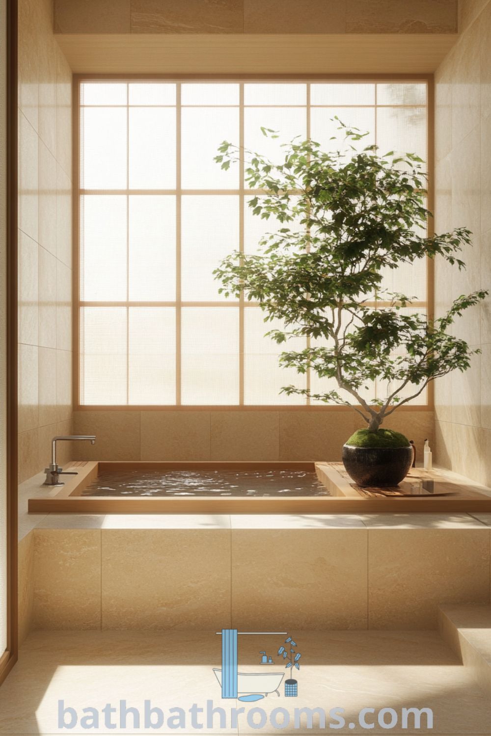 Cozy Japanese bathroom featuring smooth beige tiles, warm timber accents, a deep soaking tub, a bonsai tree, and a bamboo tap, creating a serene and inviting atmosphere. Discover more inspiring decor ideas for your home at bathbathrooms.com.