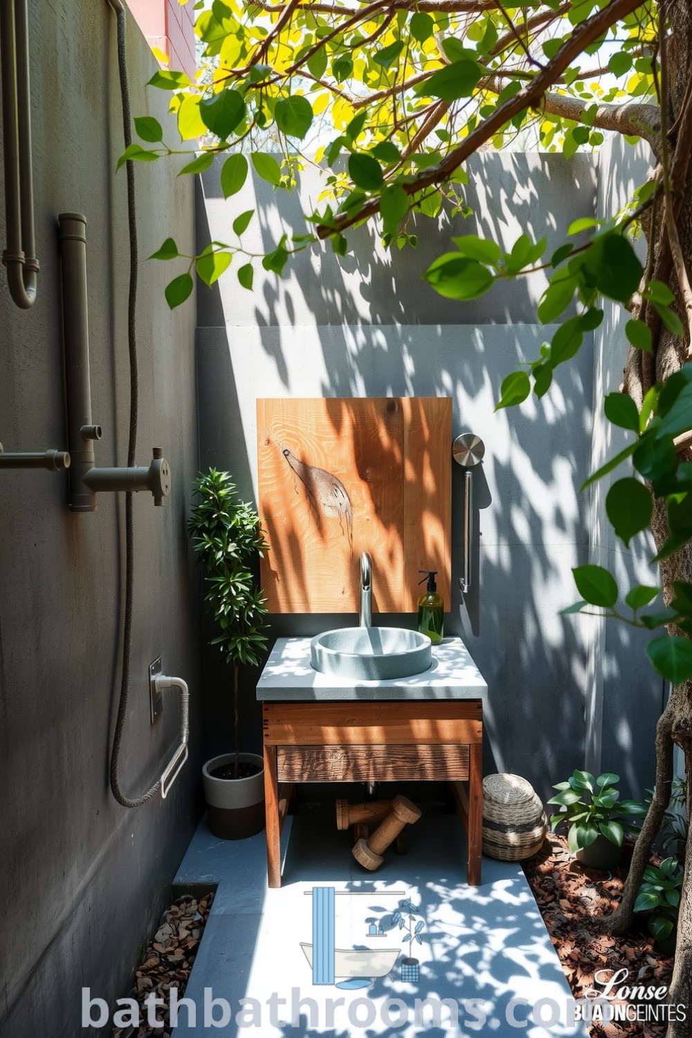 Outdoor bathroom with weathered gray concrete walls, shiny metal fixtures, a rustic wooden screen, and lush greenery, creating a cozy aesthetic perfect for relaxation. Discover inspiring decor ideas for your home at bathbathrooms.com.