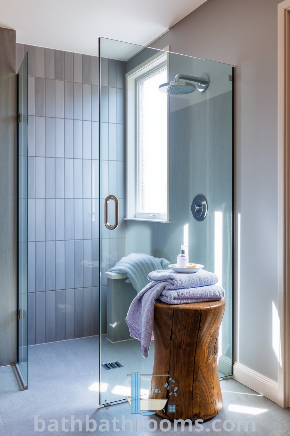 Elegant bathroom with frameless glass shower, grey tiles, lavender towel on a rustic stool, and polished metal fixtures, creating a soothing and stylish atmosphere. Discover cozy decor ideas at bathbathrooms.com.