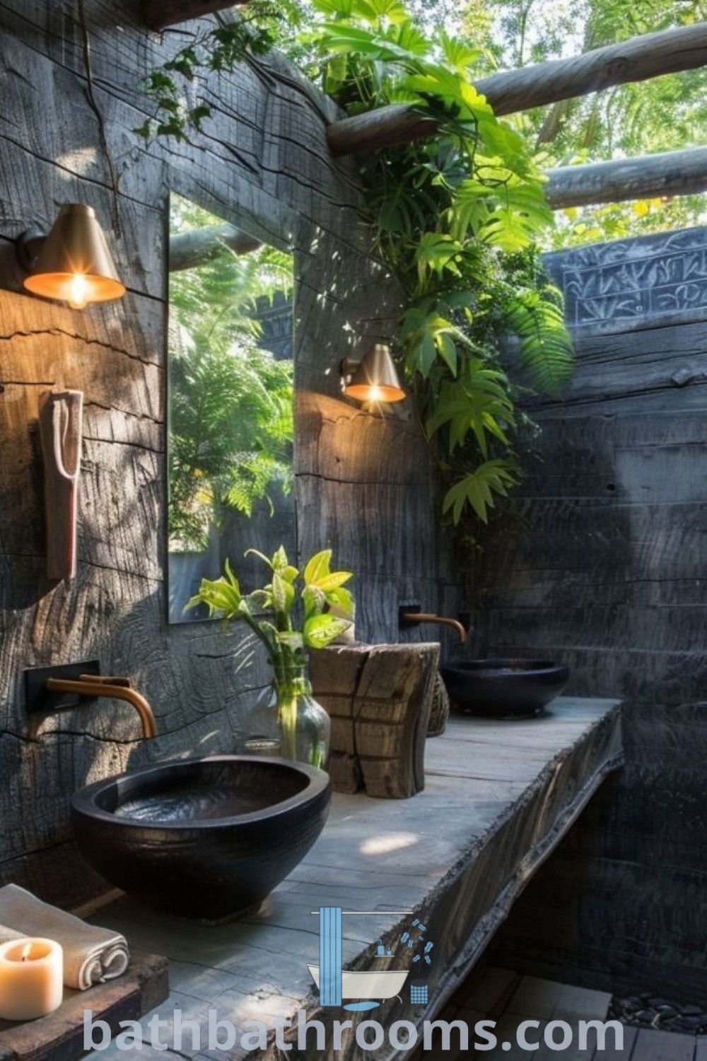 An elegant outdoor bathroom with two sinks and candles on the counter, surrounded by lush greenery. This outdoor powder room reflects modern bathroom designs and cozy ideas, perfect for beach houses and inspiring design trends. Discover more decor ideas at bathbathrooms.com.