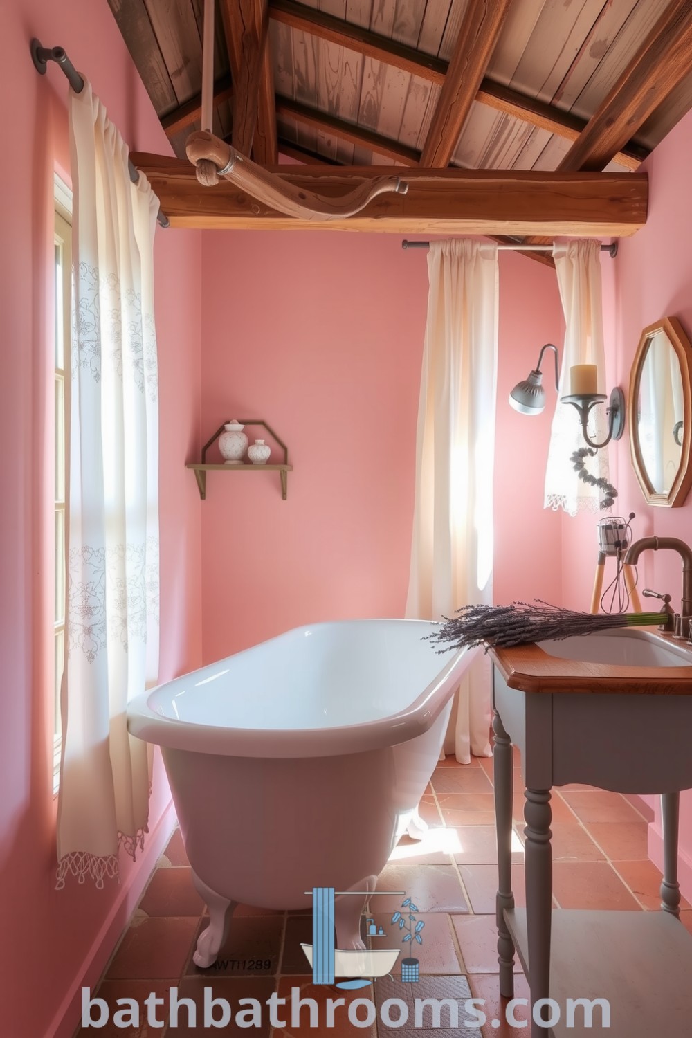 Cozy Provence bathroom featuring soft pink hues, rustic wooden beams, a vintage clawfoot tub, and dried lavender, creating an inviting atmosphere. Discover more cozy design ideas at bathbathrooms.com.