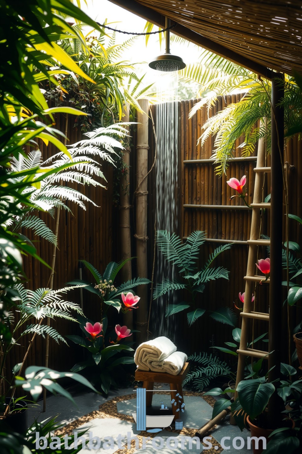 Tropical outdoor bathroom shower with bamboo walls, stone floor, cascading water, surrounded by ferns and flowers, creating a serene retreat. Explore more cozy decor ideas at bathbathrooms.com.