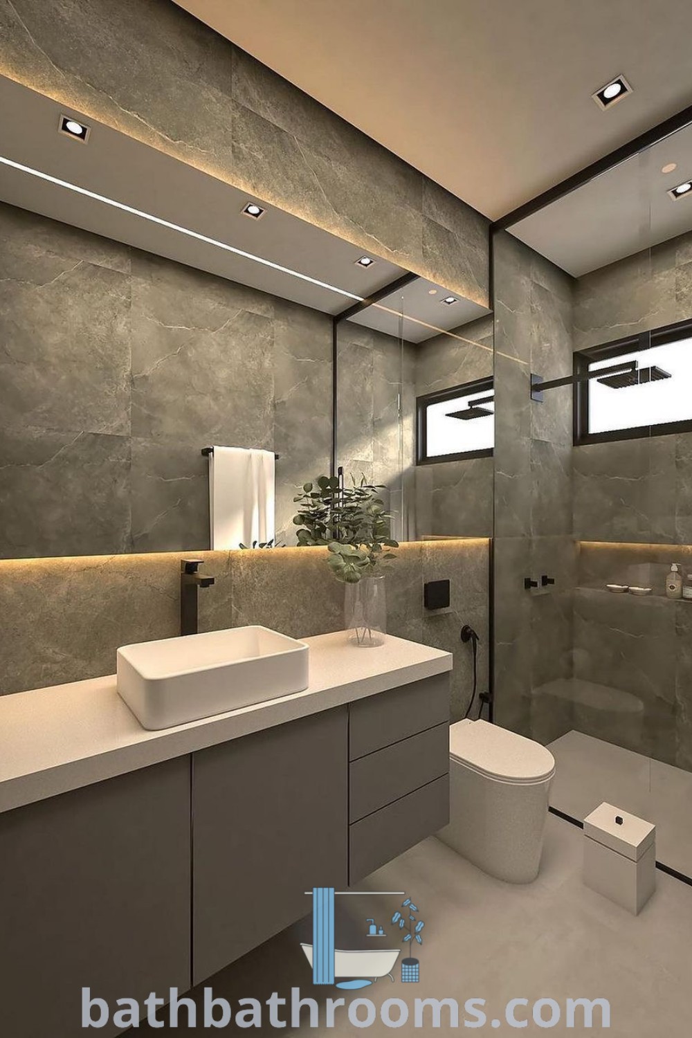 A modern minimalist bathroom showcasing a sink, toilet, and shower in a private area, exemplifying bold design ideas and luxurious decor inspirations. Discover unique ideas for your home at bathbathrooms.com.