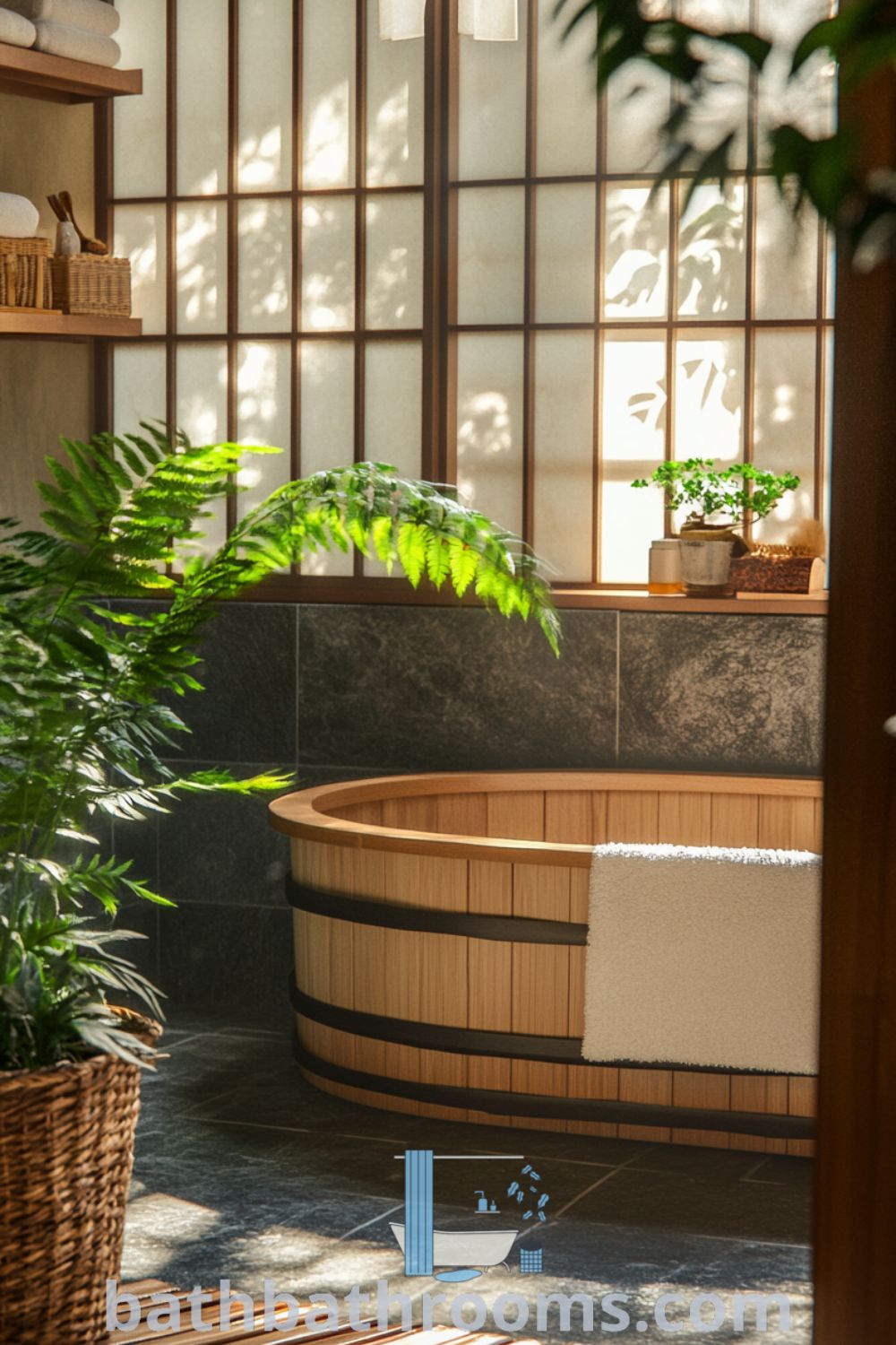Cozy Japanese bathroom featuring a traditional wooden tub, slate gray stone walls, and soft natural light from shoji screens. Decorated with potted ferns and handcrafted soaps, this serene space embodies cozy aesthetics and inspiring decor ideas for small spaces. Explore more unique ideas for your home at bathbathrooms.com.