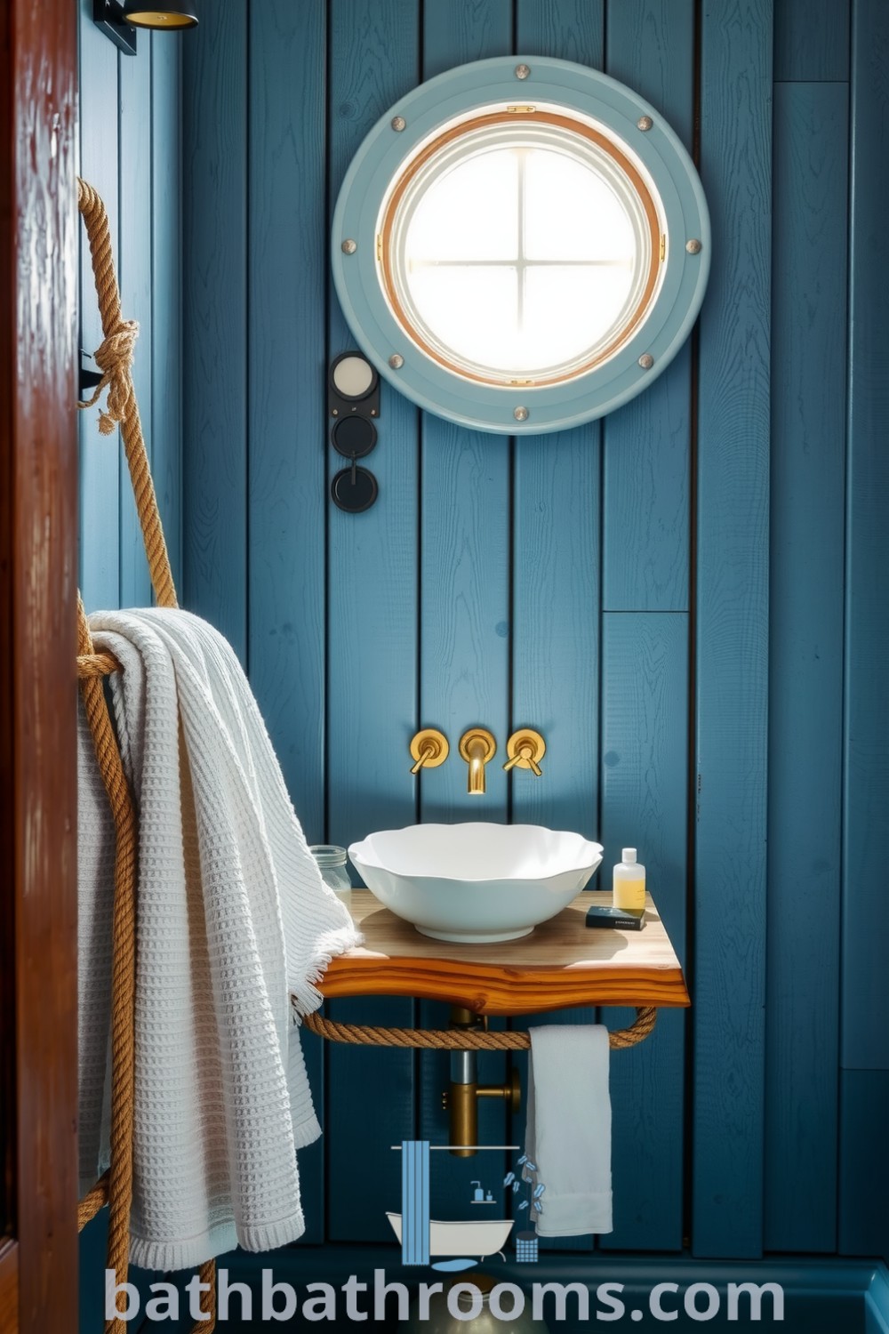 Cozy maritime bathroom featuring textured wooden panels, a porthole window, brass fixtures, a conch shell sink on a driftwood vanity, and white towels, creating a tranquil coastal ambiance. Discover unique decor ideas at bathbathrooms.com.