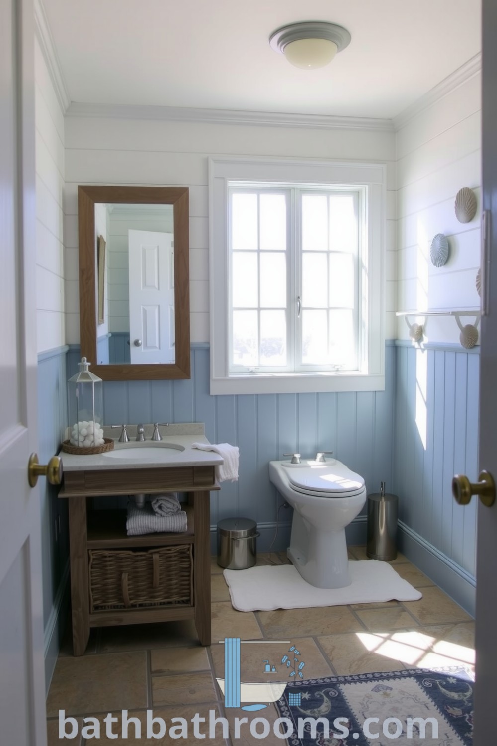 Nautical style bathroom with soft blue hues, weathered wood accents, stone-tiled floor, seashell décor, and natural light, creating a calming beachside retreat atmosphere. Explore more cozy home ideas at bathbathrooms.com.