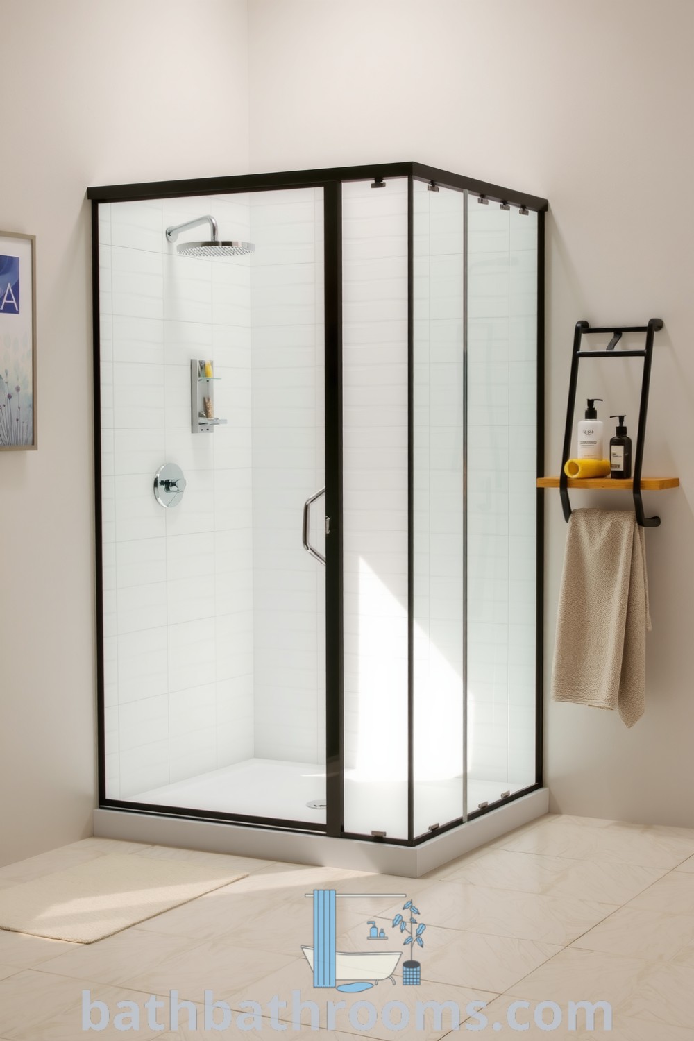 Modern bathroom featuring a frameless glass shower, textured white stone tiles, and a wooden shelf with neatly arranged toiletries, creating a cozy oasis. Discover unique decor ideas and inspirations for your home at bathbathrooms.com.
