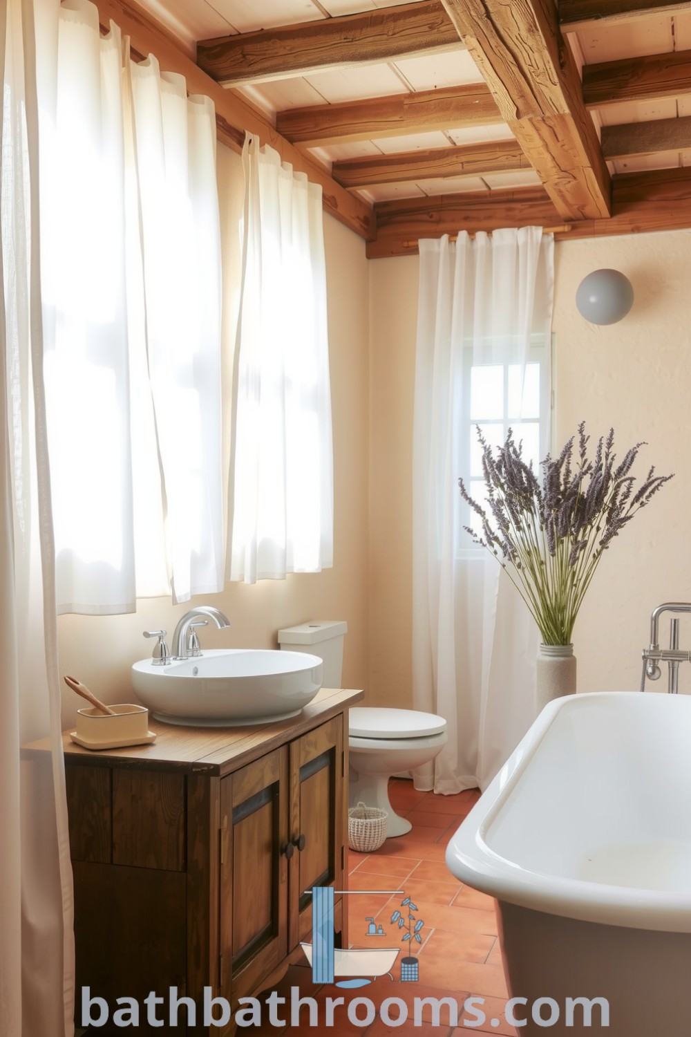 Cozy Provence bathroom featuring soft sunlight, textured stone walls, a vintage wooden vanity, a porcelain sink, and a freestanding tub, enhanced by dried lavender touches for a serene atmosphere. Discover more decor ideas for your home at bathbathrooms.com.
