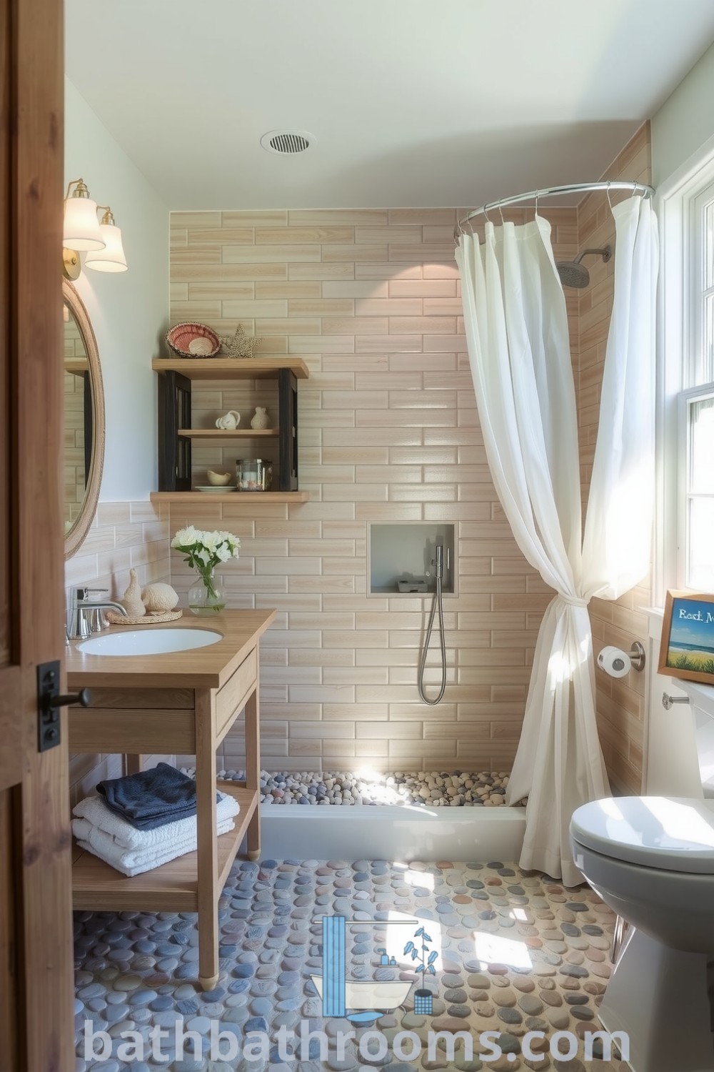 Beach-inspired bathroom featuring sandy hues, driftwood vanity, sea-glass tiles, pebble-stone flooring, and shell decorations, creating a tranquil atmosphere. Discover unique decor ideas for your home at bathbathrooms.com.