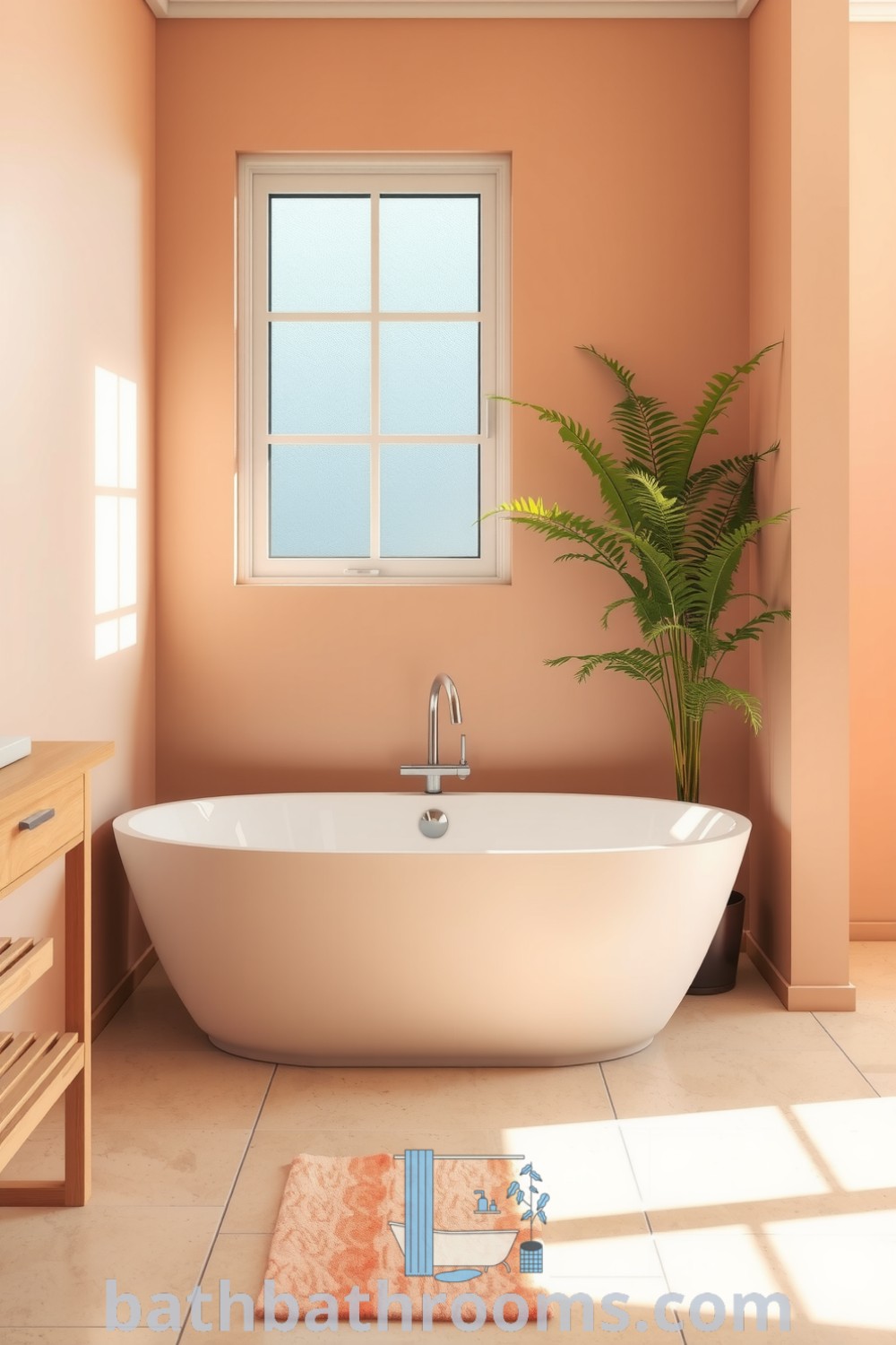 Cozy peach bathroom featuring a freestanding tub against textured tiles, natural wood accents, and sunlight streaming through a frosted window, providing an inspiring, serene atmosphere. Explore more design ideas for your home at bathbathrooms.com.