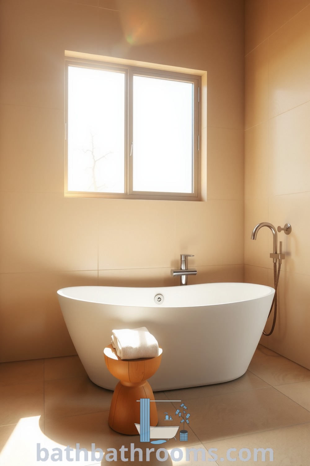 Cozy minimalist bathroom featuring warm beige tones, earthy stone tiles, a freestanding tub in the corner, a wooden stool with a towel, and soft natural light through a frosted window, offering inspiring decor ideas for a perfect style fusion. Discover more design tips at bathbathrooms.com.
