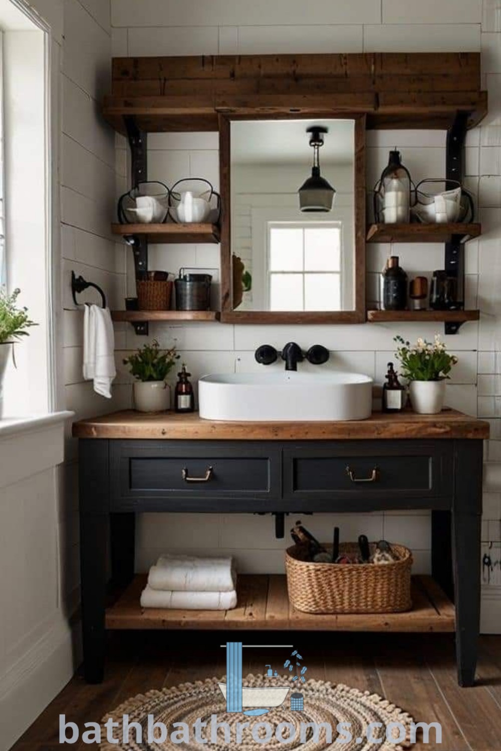A charming green bathroom remodel showcasing a sink, mirror, and wooden shelves. The modern farmhouse design blends cozy aesthetics with functional decor ideas, making it perfect for those seeking unique ideas to refresh their space. Discover more inspirations at bathbathrooms.com.