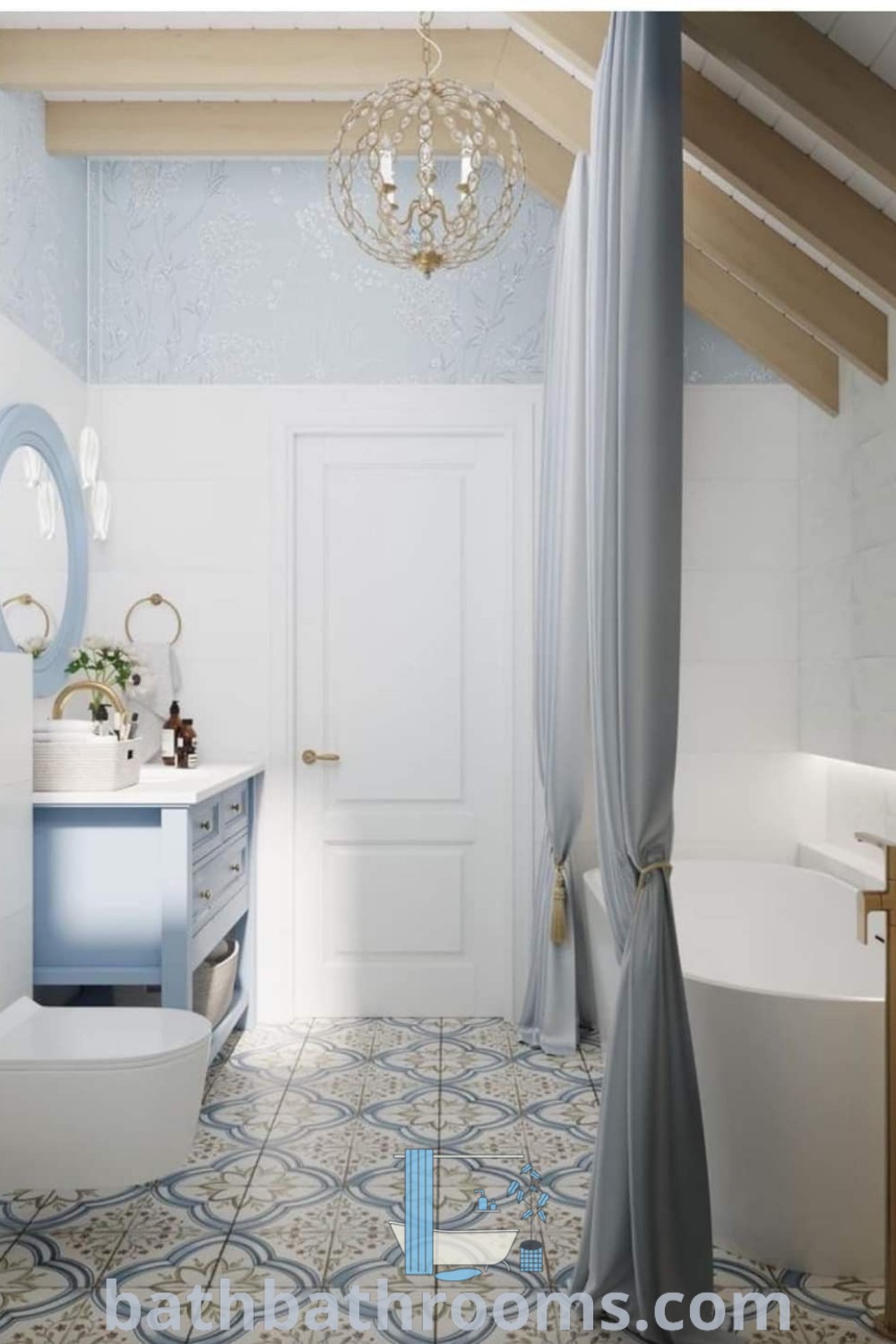 A stylish blue and white bathroom featuring a white toilet and bathtub under a chandelier. This cozy design showcases ideas for maximizing style and space, perfect for bathroom design decor enthusiasts. Discover more inspiring ideas for your home at bathbathrooms.com.