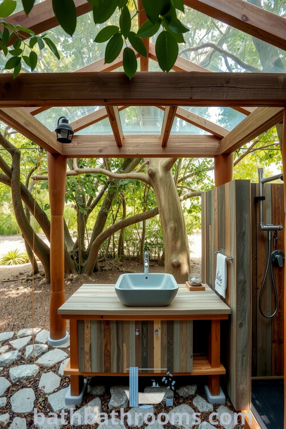 Eco-friendly outdoor bathroom featuring wooden beams, river stone floor, recycled metal sink, and bamboo shower nestled among trees, ideal for a cozy aesthetic. Discover inspiring decor ideas at bathbathrooms.com.
