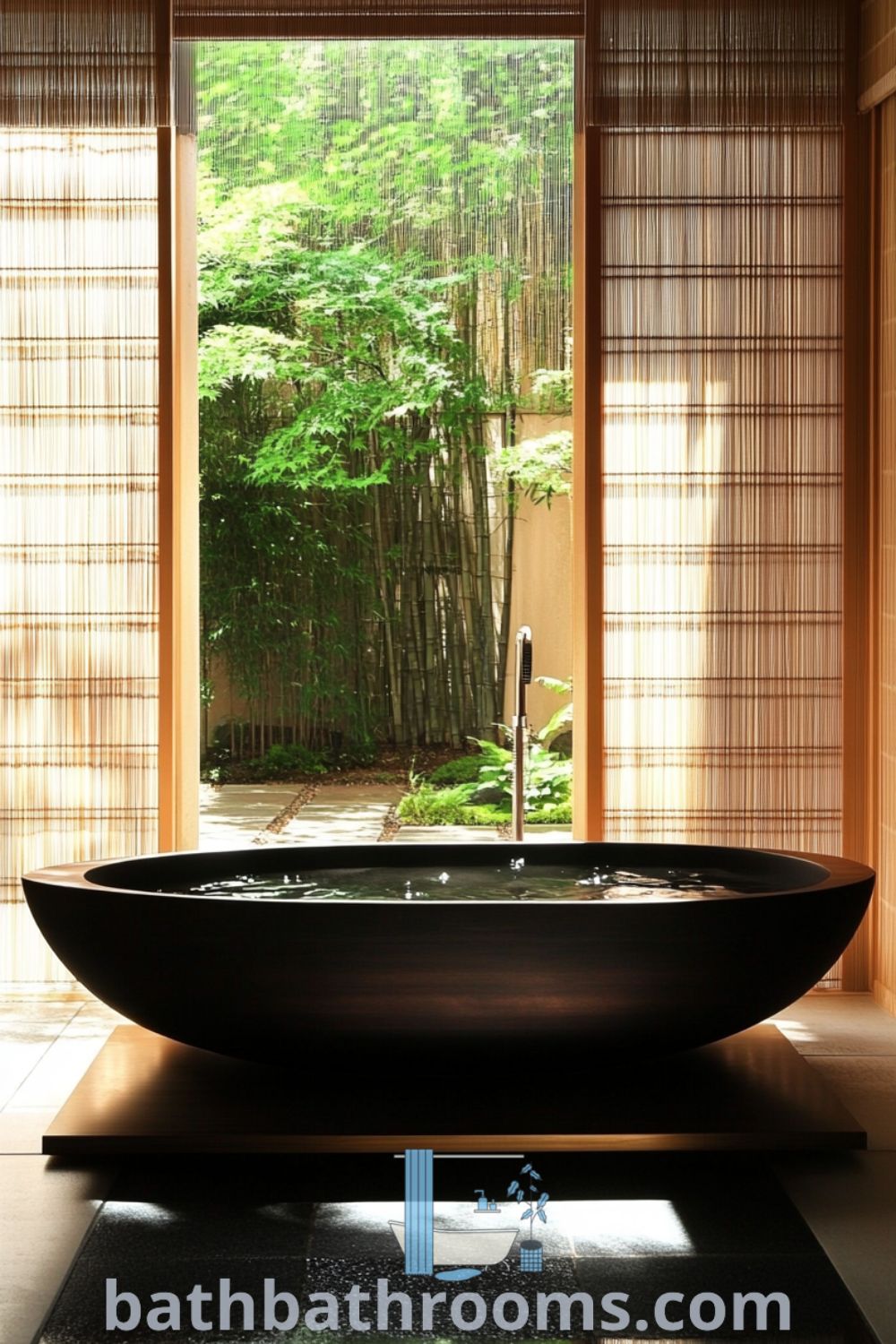 Spacious Japanese bathroom with a deep black wooden tub, smooth stone floor, shoji screens, and fresh greenery, creating a serene atmosphere. Discover more unique ideas for your home at bathbathrooms.com.
